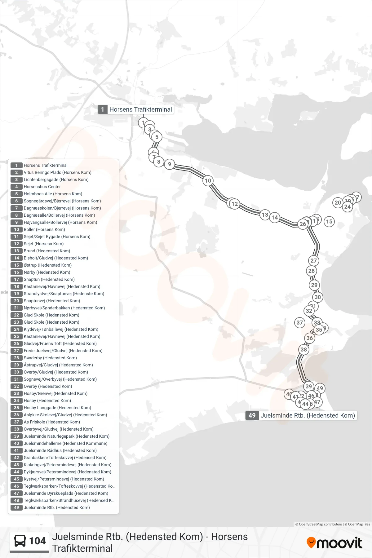 104 bus Line (Juelsminde Rtb.) route and stops on a map