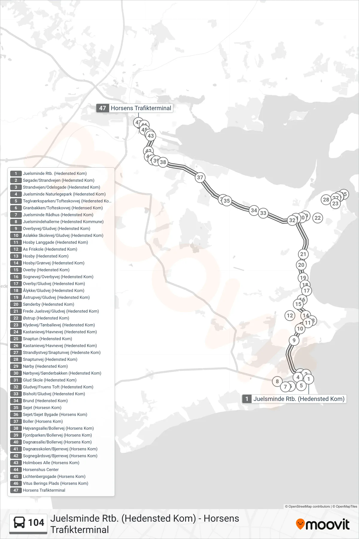 104 bus Linje (Horsens Trafikterminal) rute og stop på et kort