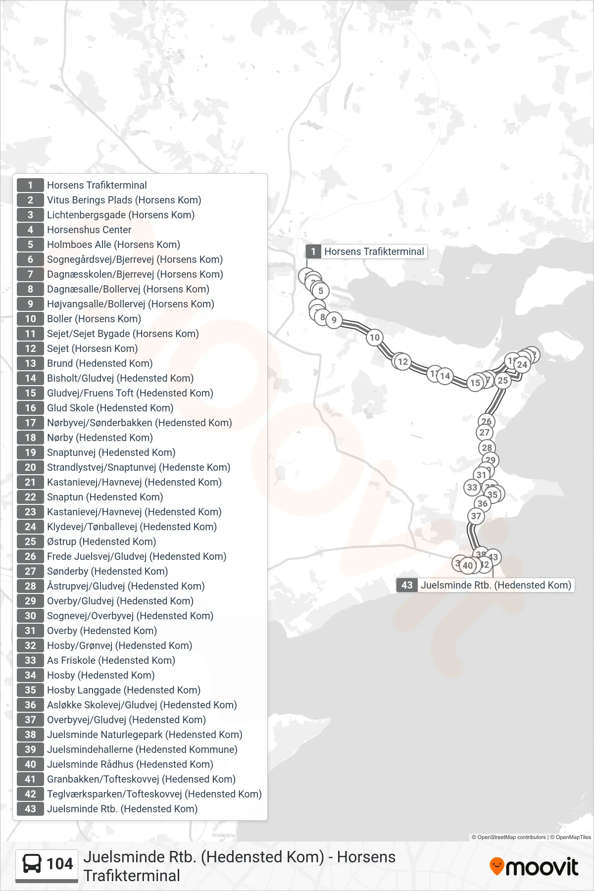104 bus Linje (Juelsminde Rtb. (Hedensted Kom)) rute og stop på et kort