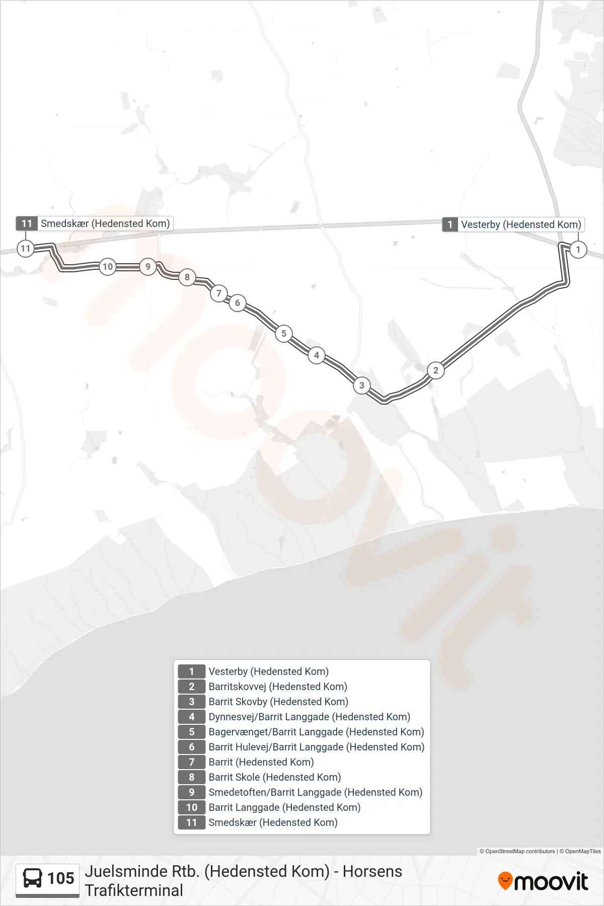 105 bus Linje (Smedskær) rute og stop på et kort