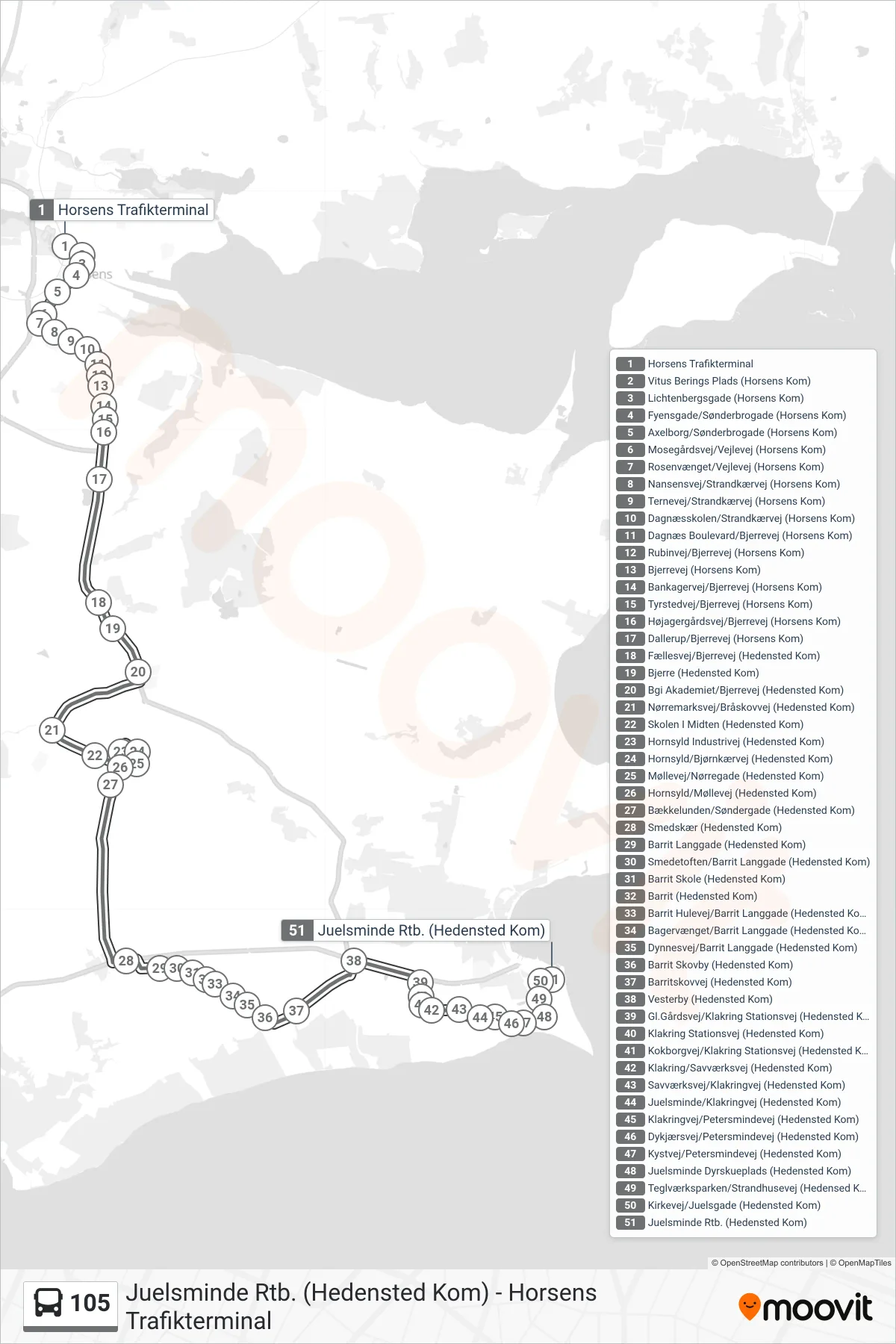 105 bus Linje (Juelsminde Rtb.) rute og stop på et kort