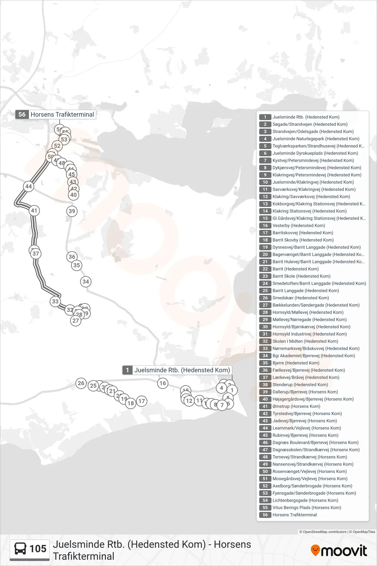 105 bus Linje (Horsens Trafikterminal) rute og stop på et kort