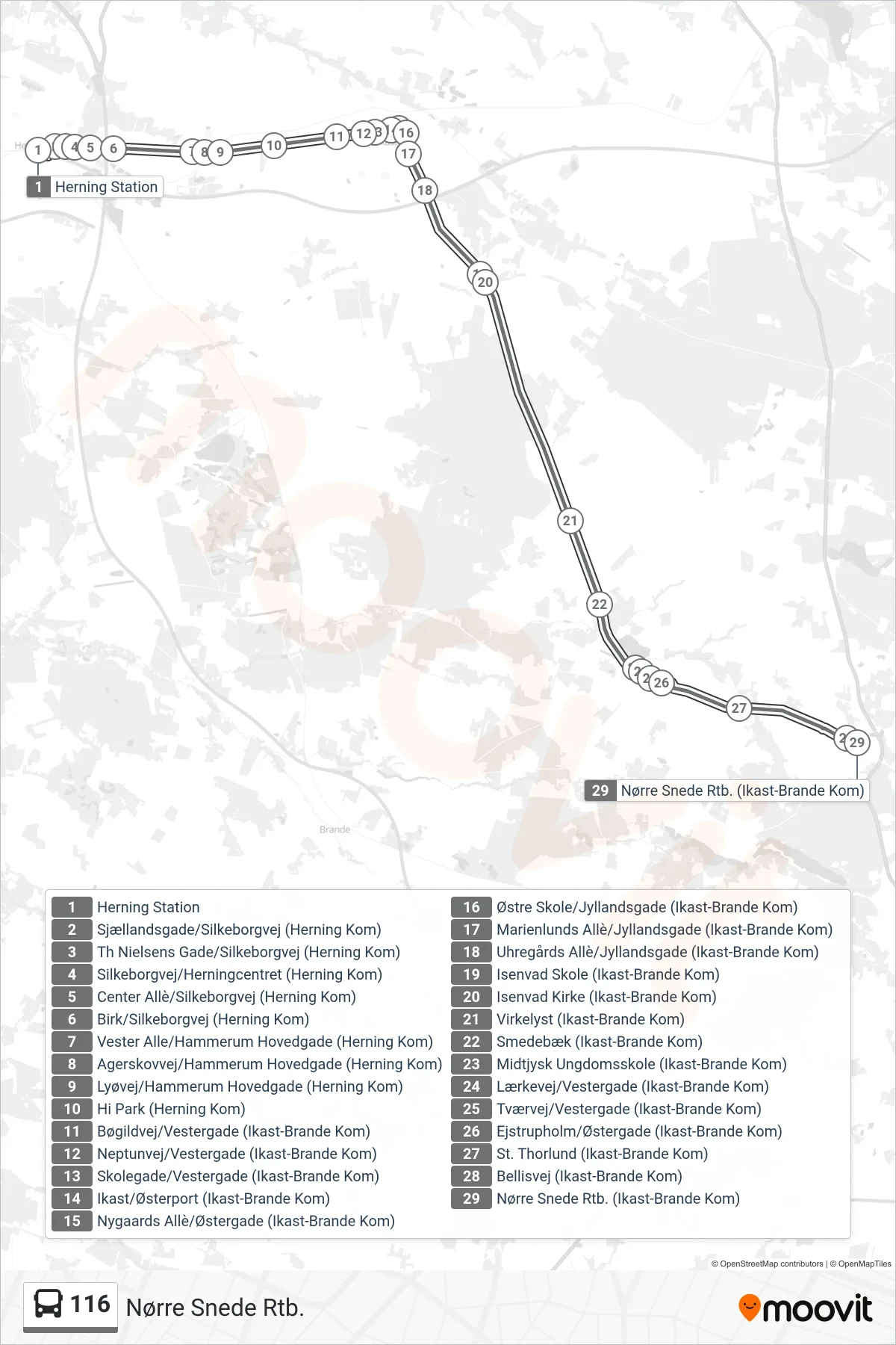 116 bus Linje (Nørre Snede Rtb.) rute og stop på et kort
