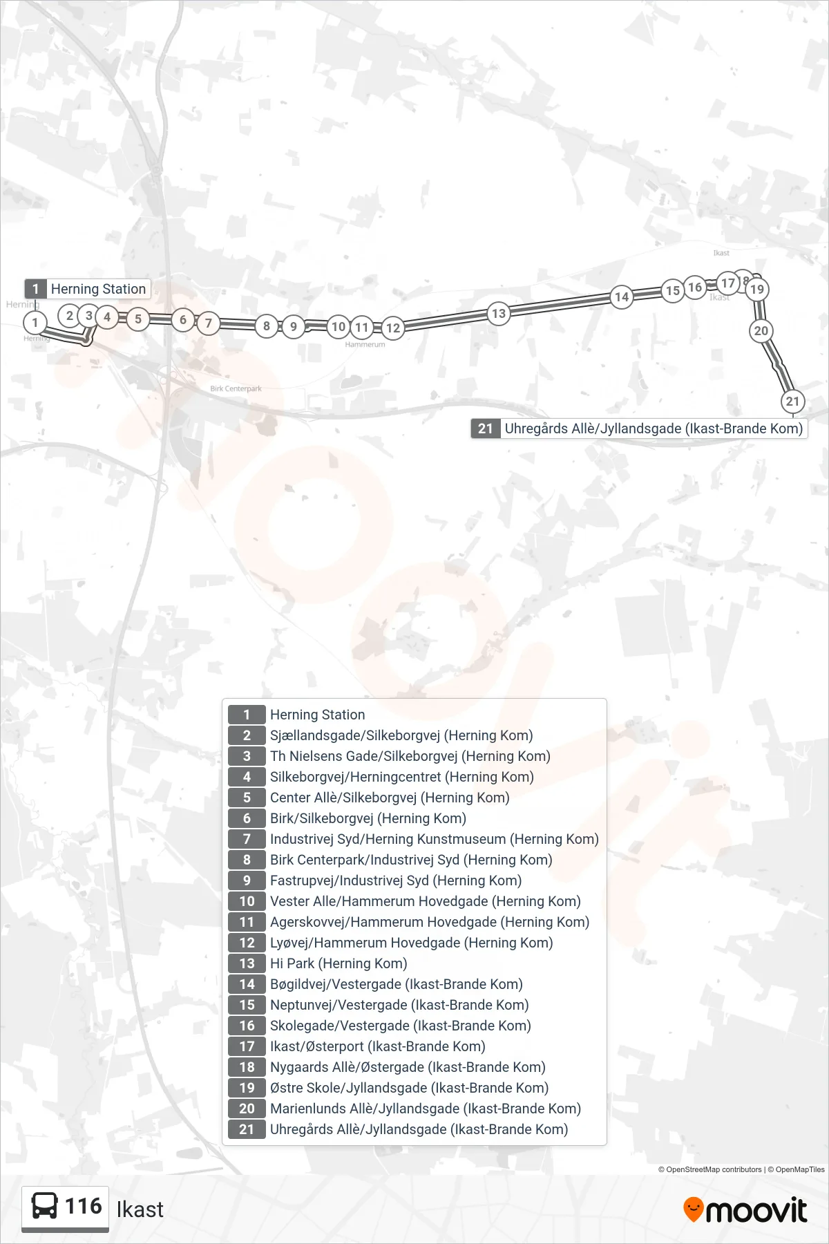 116 bus Linje (Ikast) rute og stop på et kort