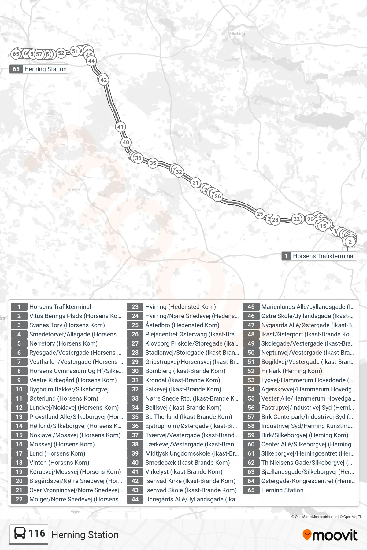 116 bus Line (Herning Station) route and stops on a map