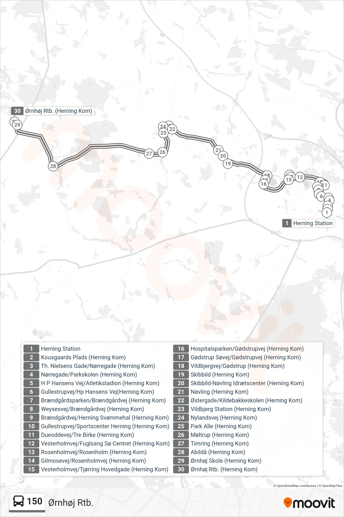 150 bus Line (Ørnhøj Rtb.) route and stops on a map