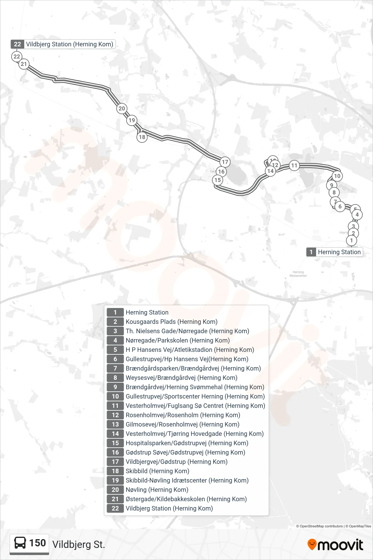 150 bus Linje (Vildbjerg St.) rute og stop på et kort