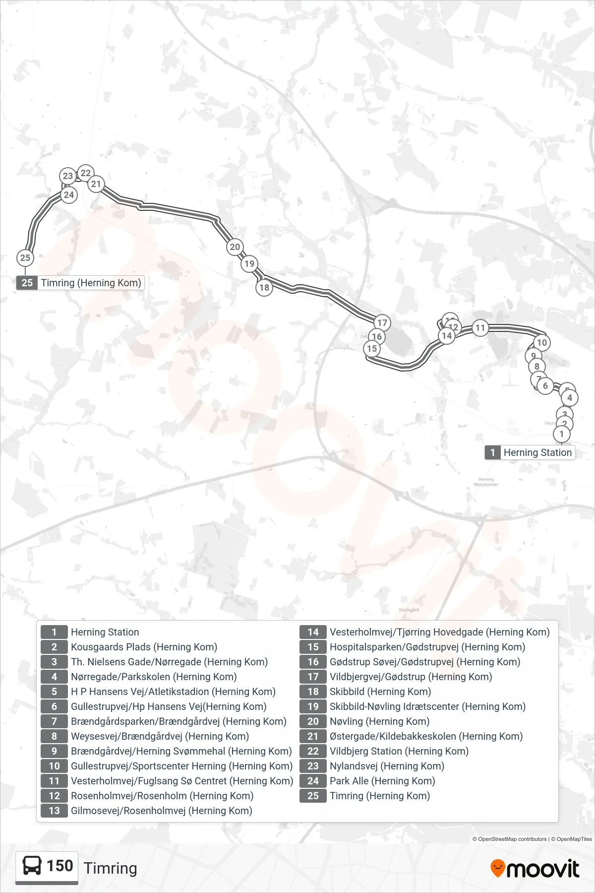 150 bus Linje (Timring) rute og stop på et kort