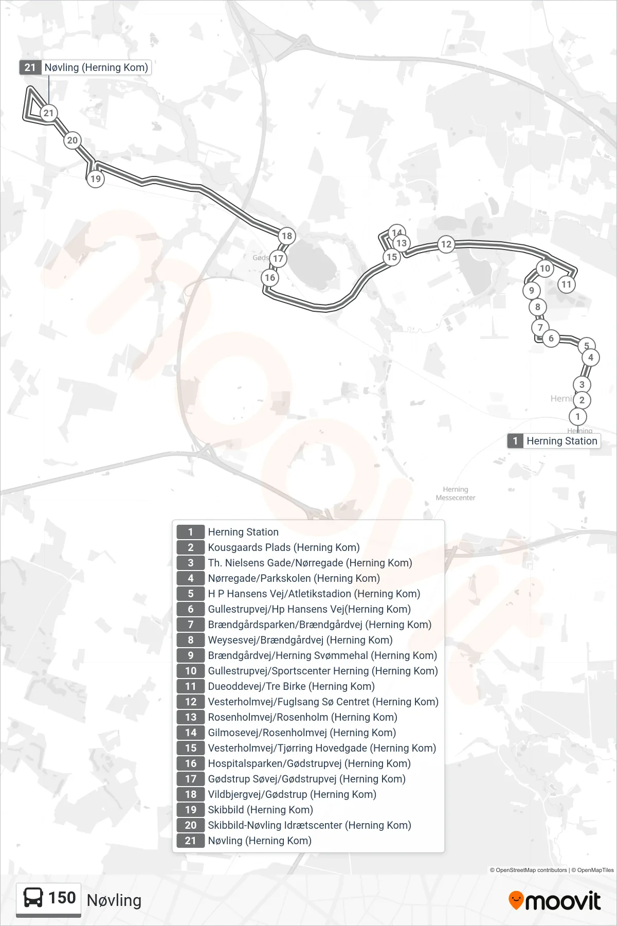 150 bus Linje (Nøvling) rute og stop på et kort