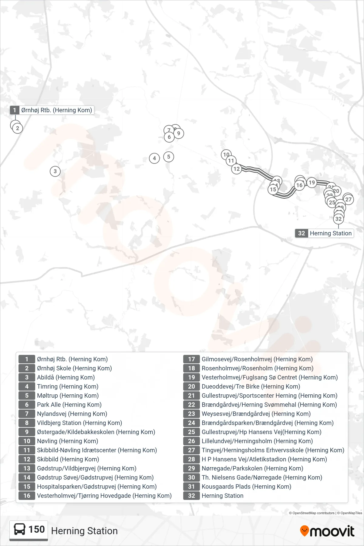 150 bus Line (Herning Station) route and stops on a map