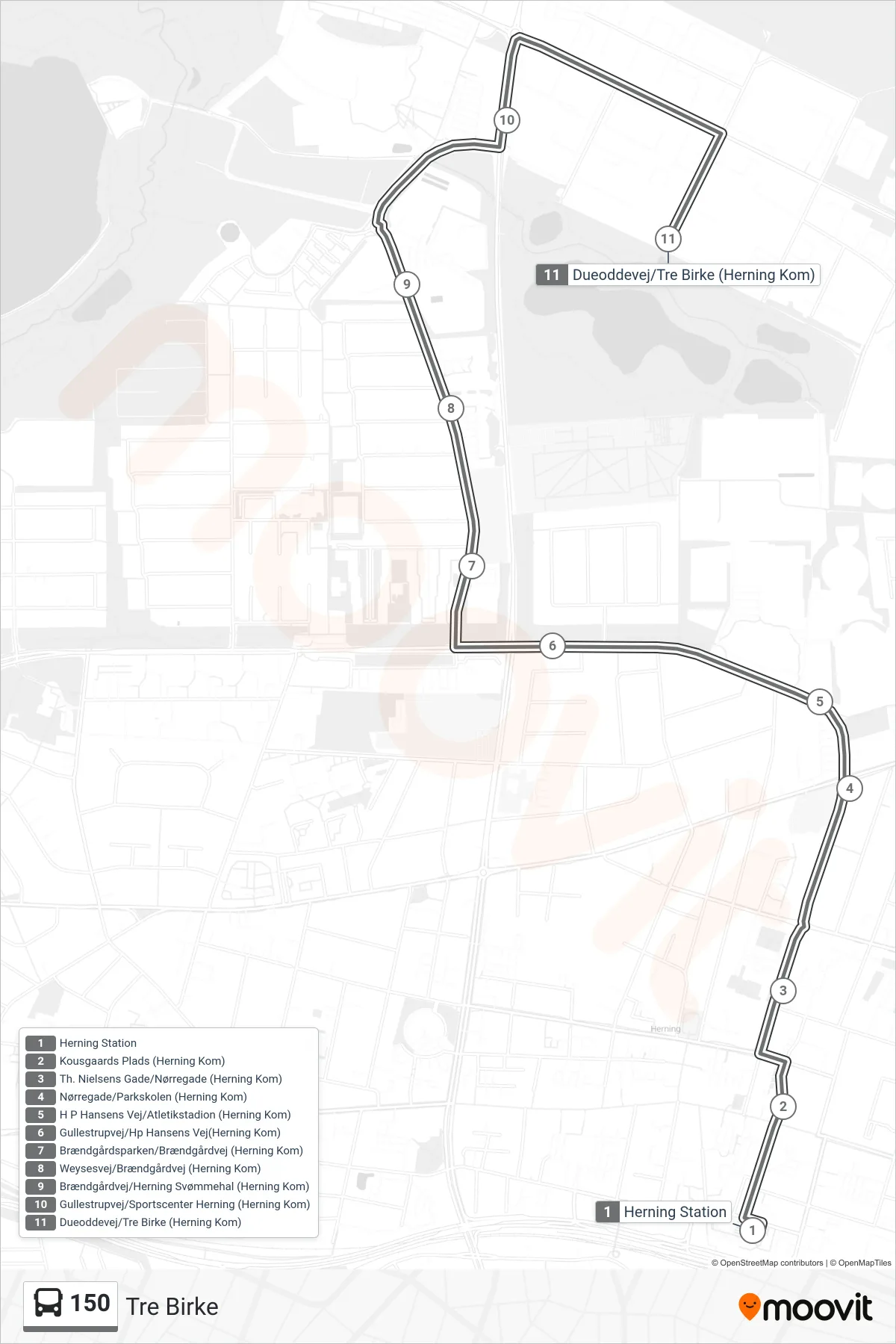 150 bus Linje (Tre Birke) rute og stop på et kort
