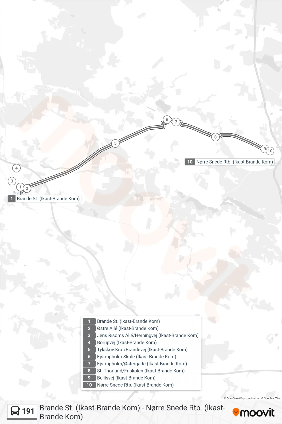 191 bus Line (Nørre Snede Rtb.) route and stops on a map
