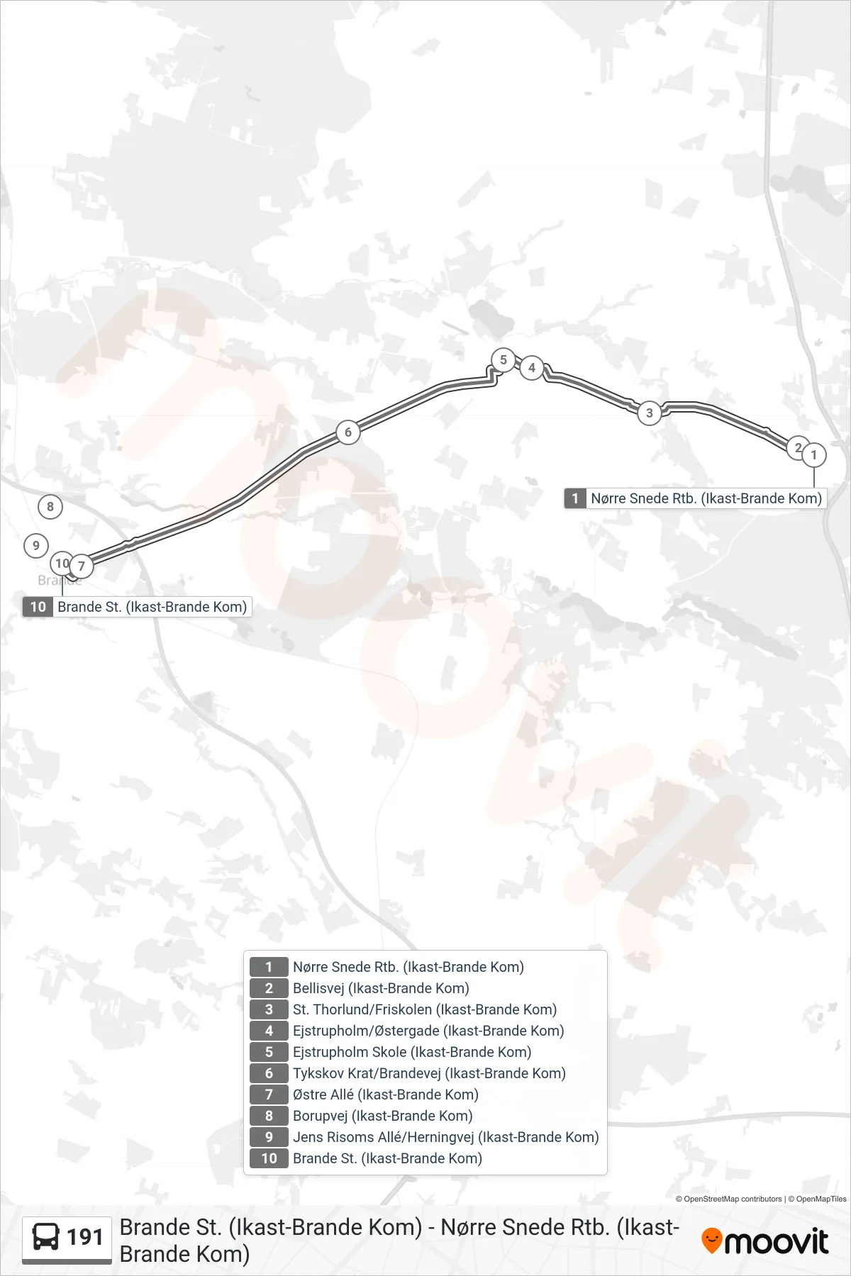 191 bus Linje (Brande St.) rute og stop på et kort