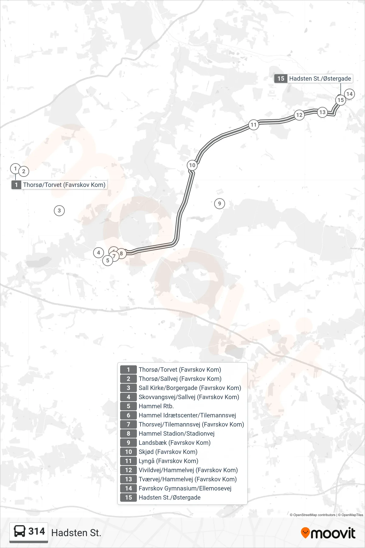 314 bus Linje (Hadsten St.) rute og stop på et kort
