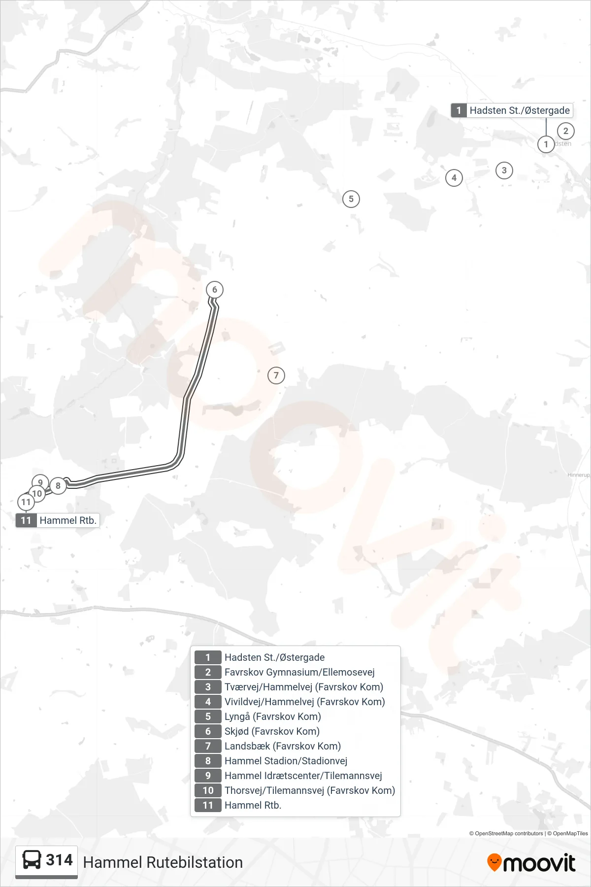 314 bus Linje (Hammel Rutebilstation) rute og stop på et kort