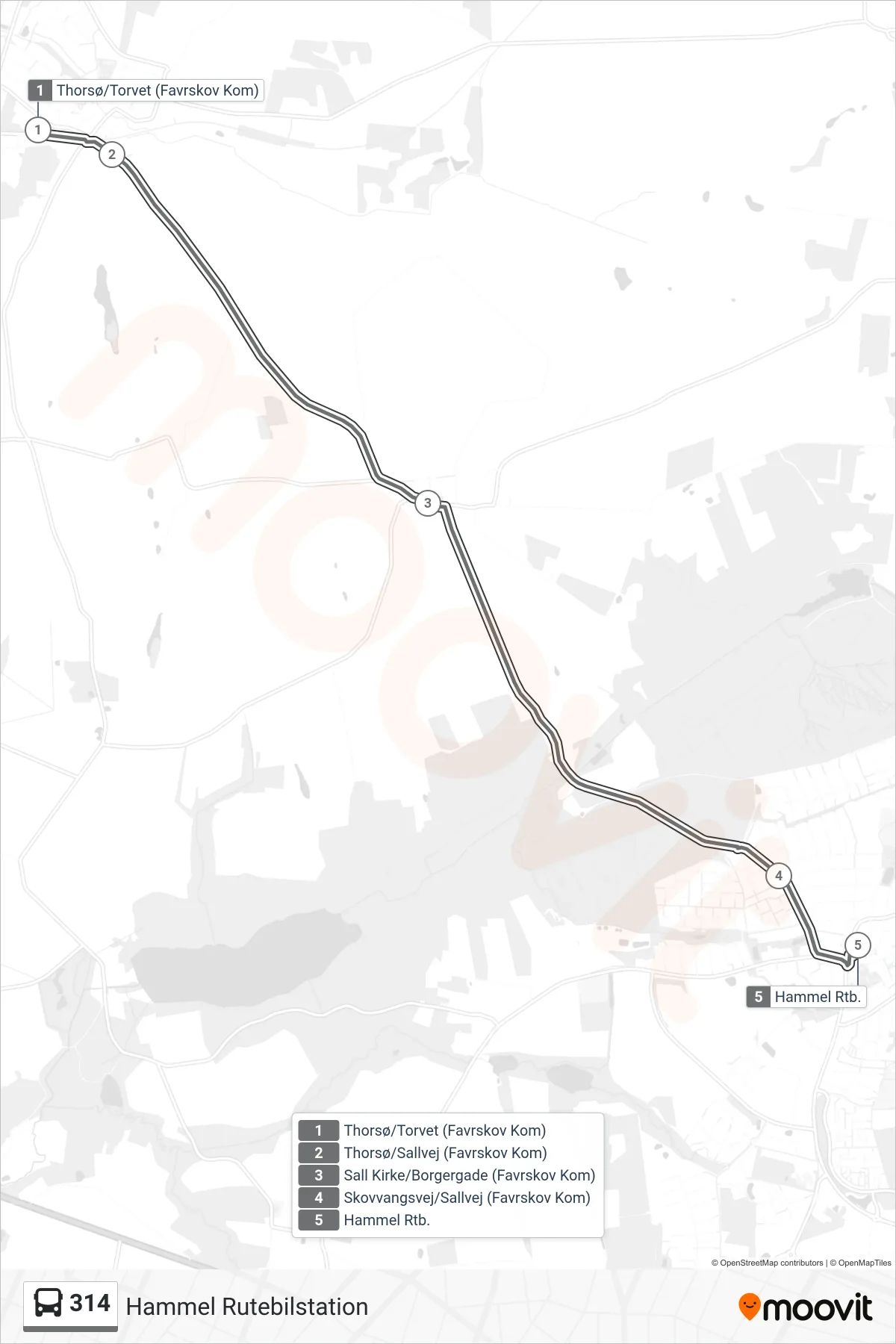 314 bus Line (Hammel Rutebilstation) route and stops on a map