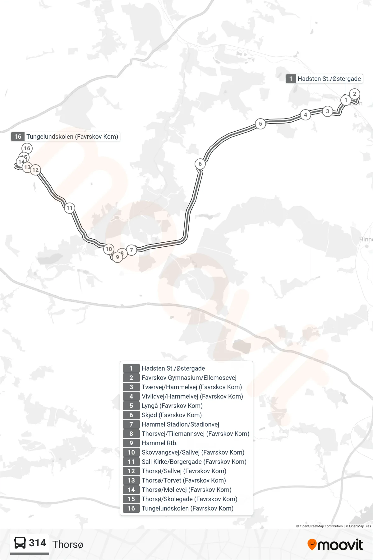 314 bus Line (Thorsø) route and stops on a map
