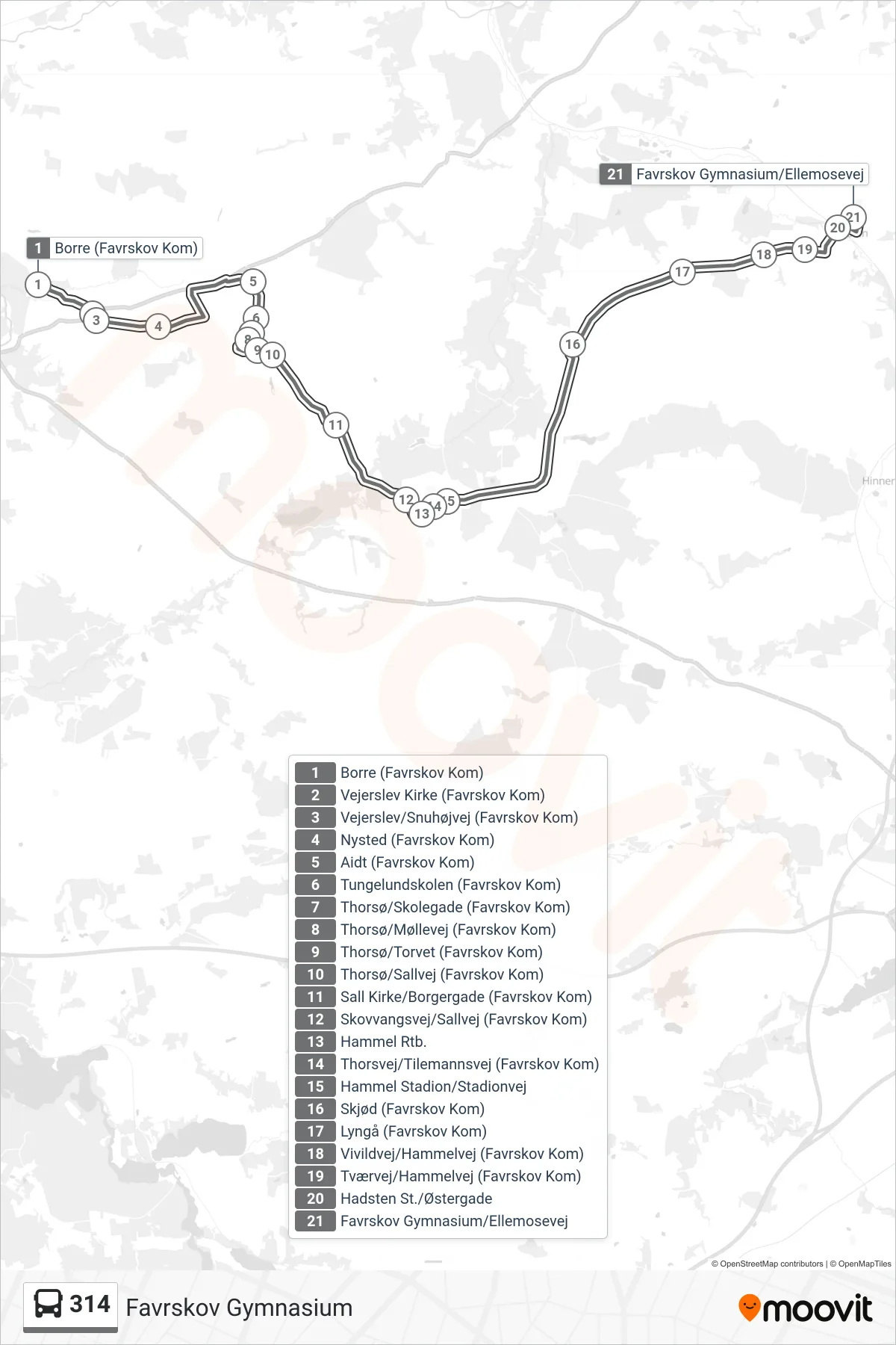 314 bus Linje (Favrskov Gymnasium) rute og stop på et kort