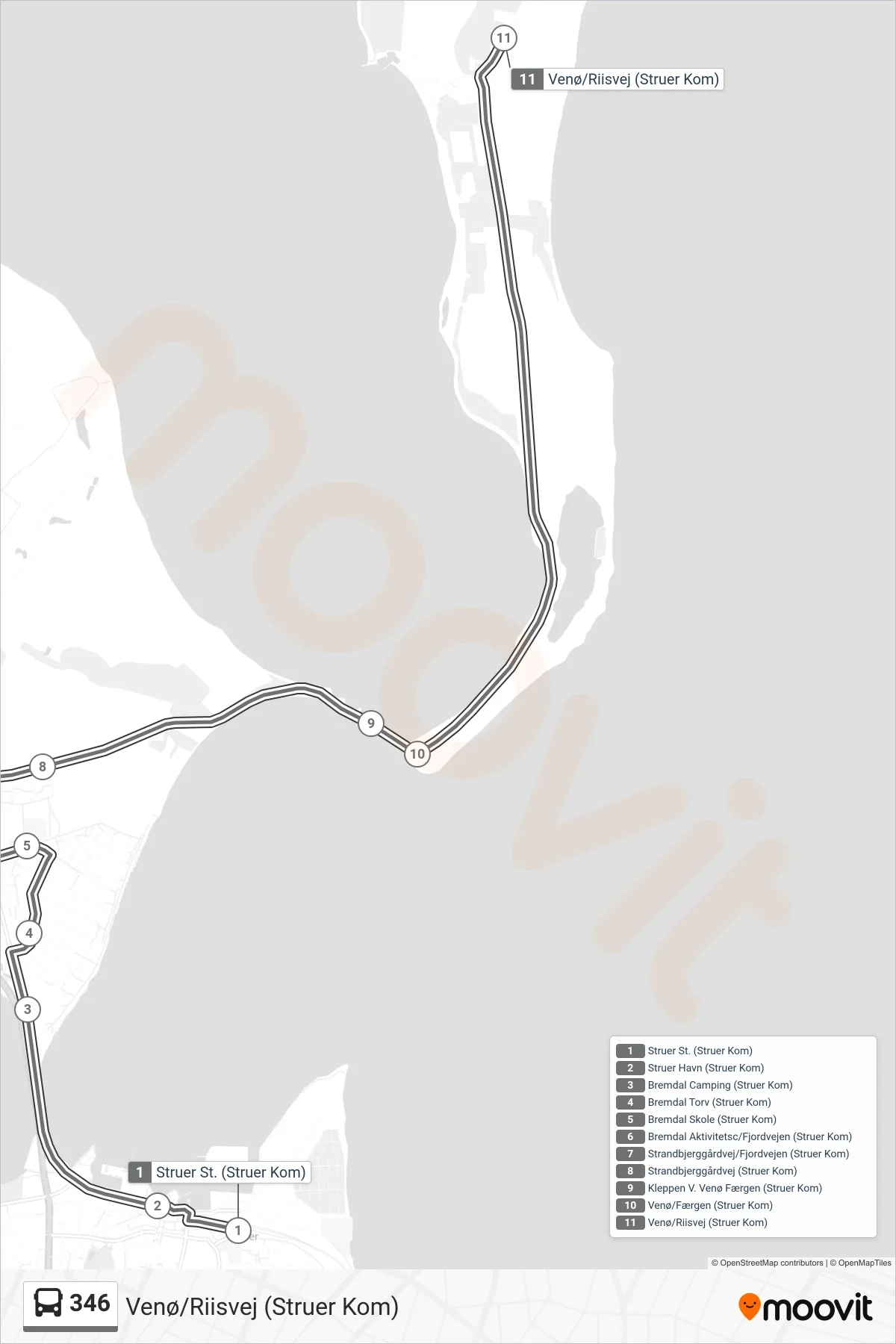 346 bus Linje (Venø/Riisvej (Struer Kom)) rute og stop på et kort