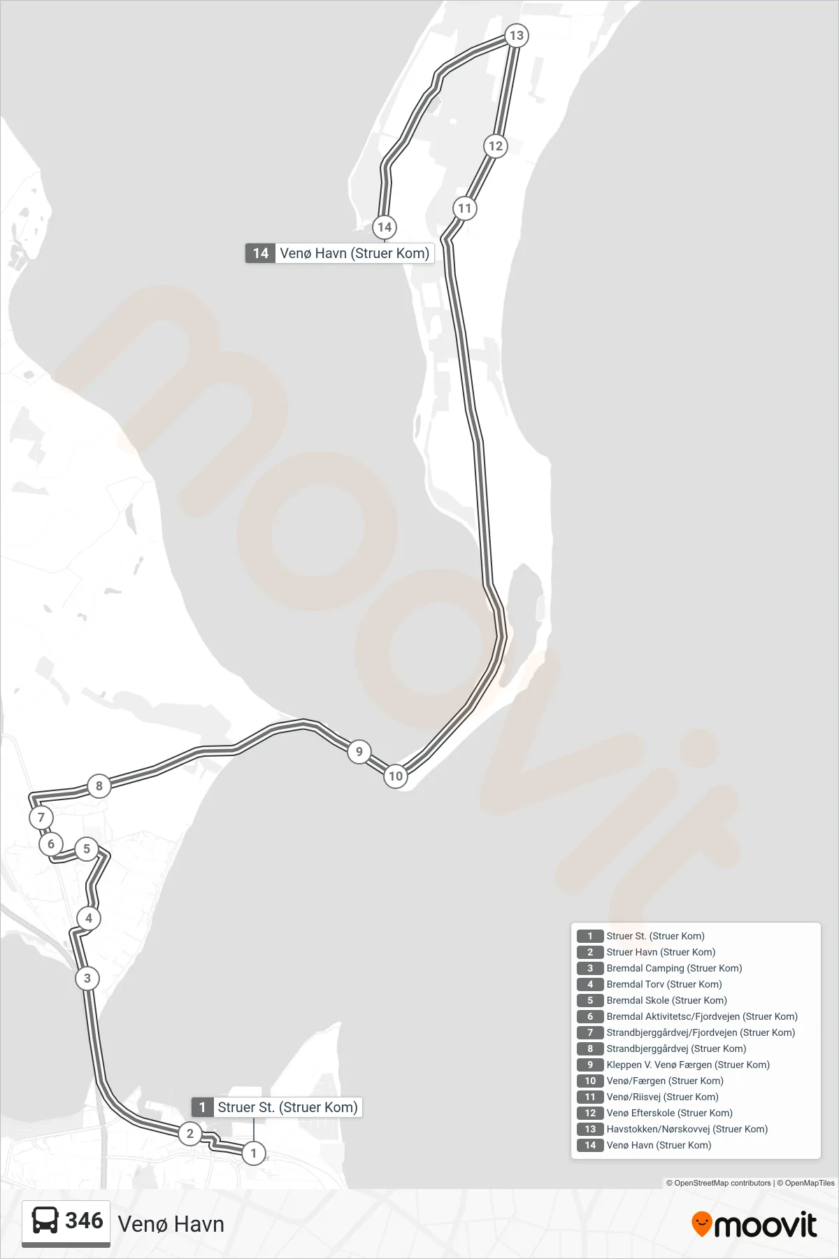 346 bus Linje (Venø Havn) rute og stop på et kort