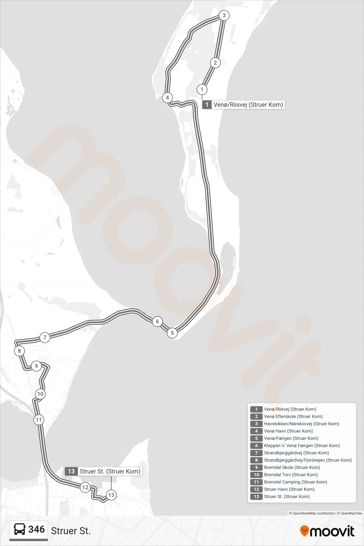 346 bus Linje (Struer St.) rute og stop på et kort
