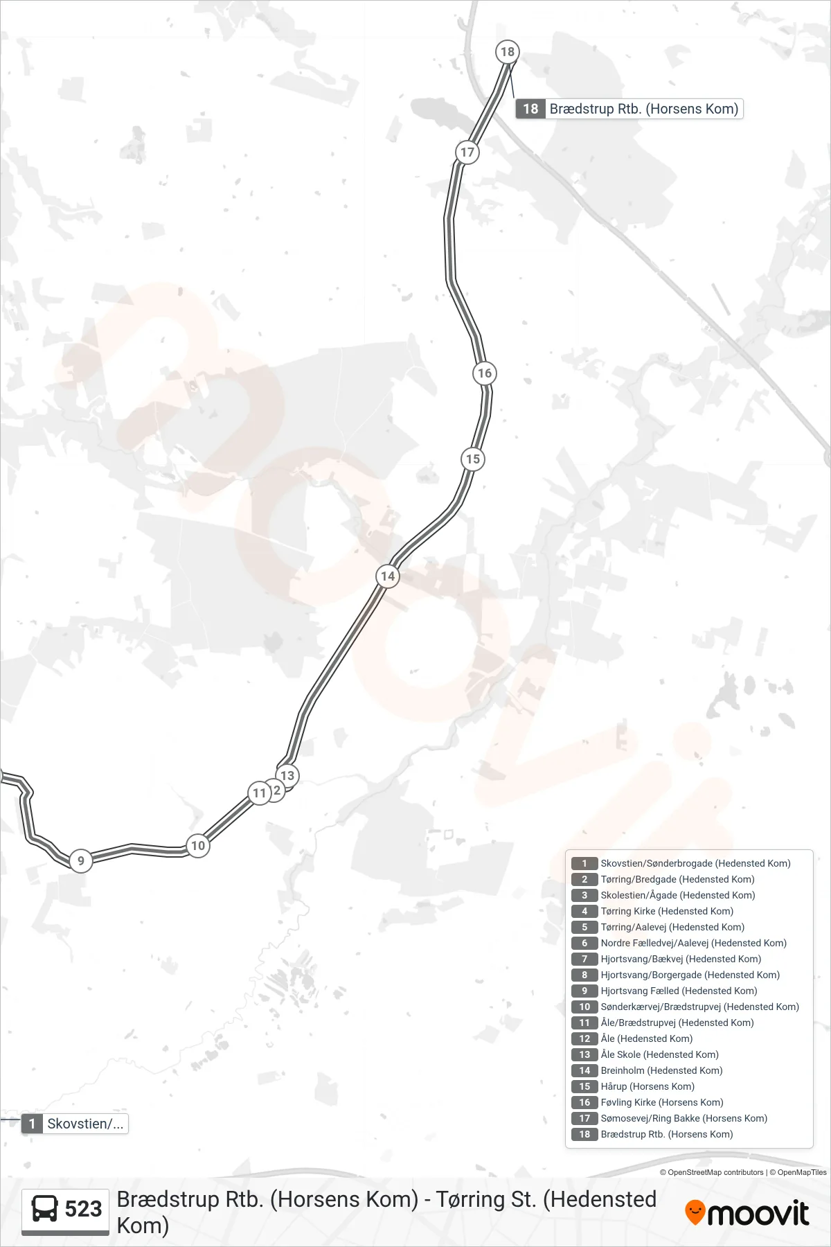 523 bus Linje (Brædstrup Rtb.) rute og stop på et kort