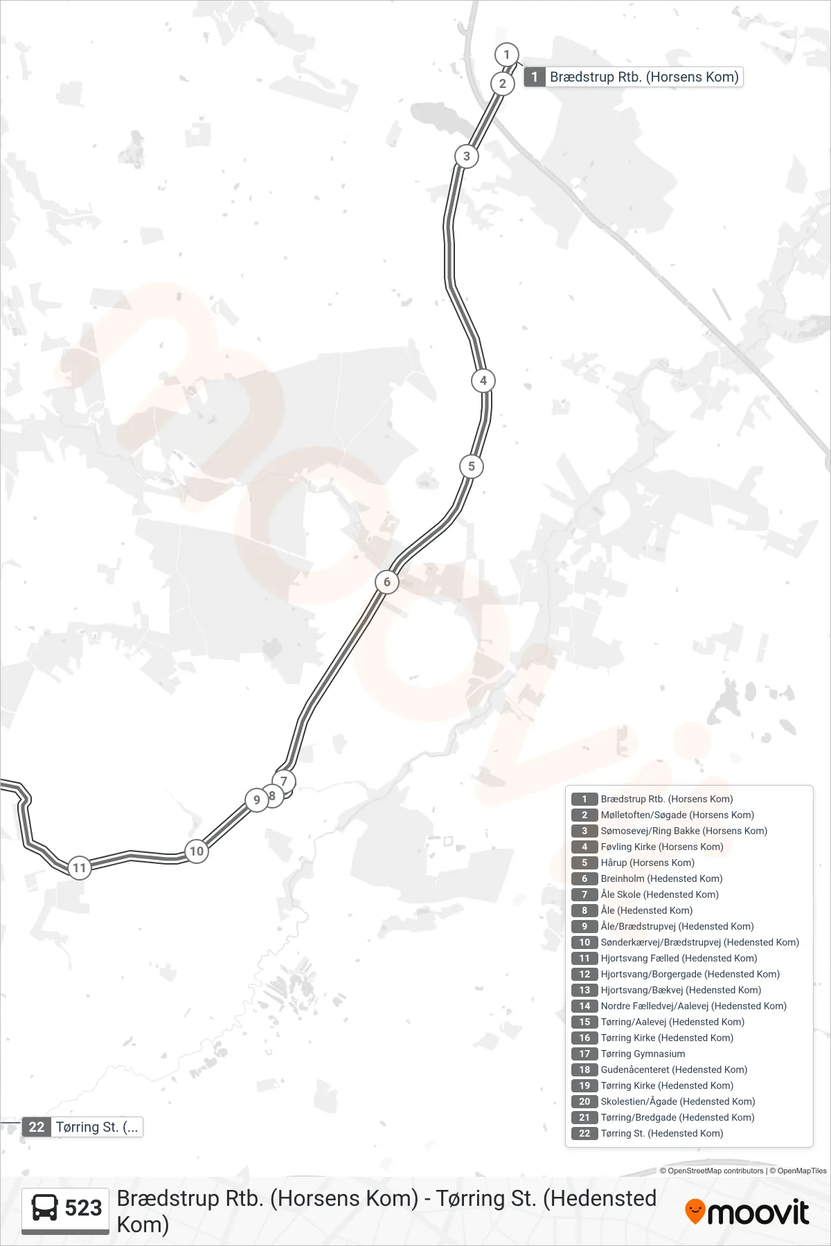 523 bus Linje (Tørring St.) rute og stop på et kort