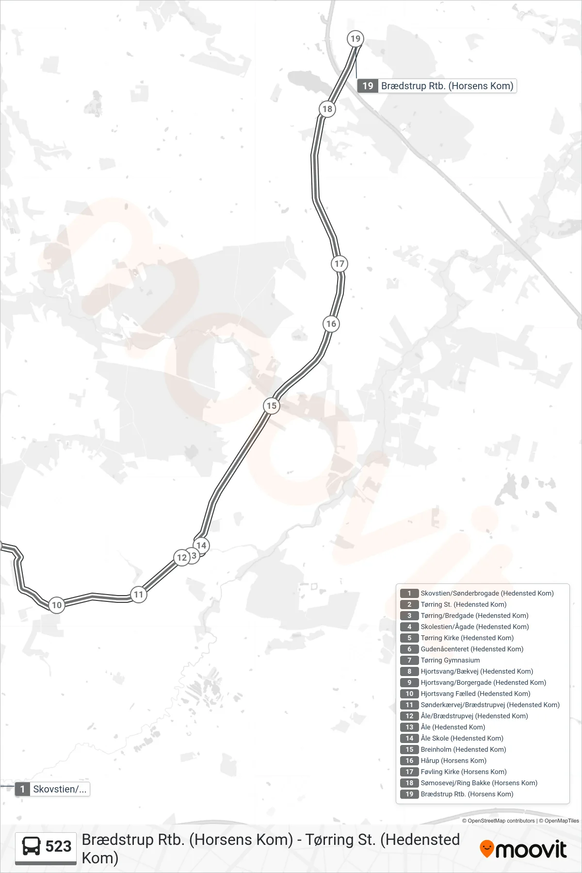 523 bus Linje (Brædstrup Rtb. (Horsens Kom)) rute og stop på et kort