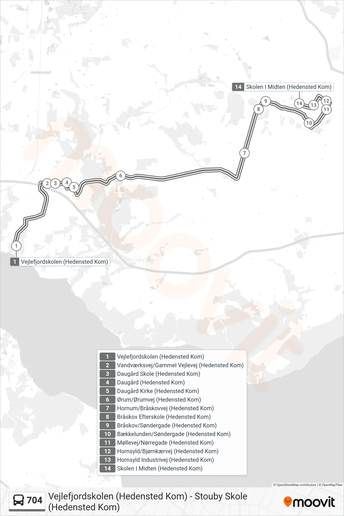 704 bus Linje (Skolen I Midten) rute og stop på et kort