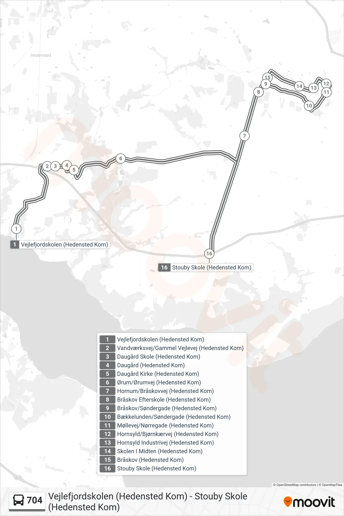 704 bus Linje (Stouby Skole (Hedensted Kom)) rute og stop på et kort
