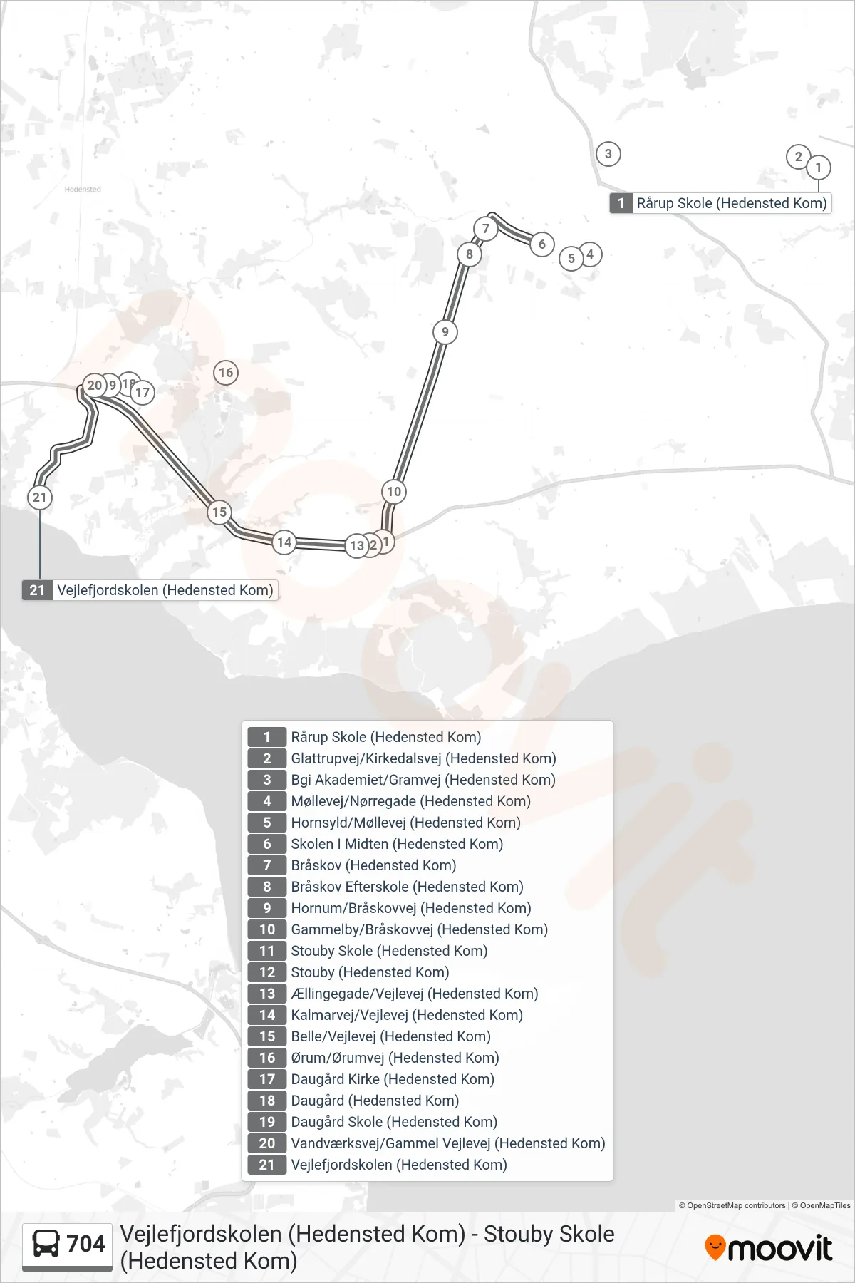 704 bus Linje (Vejlefjordskolen (Hedensted Kom)) rute og stop på et kort