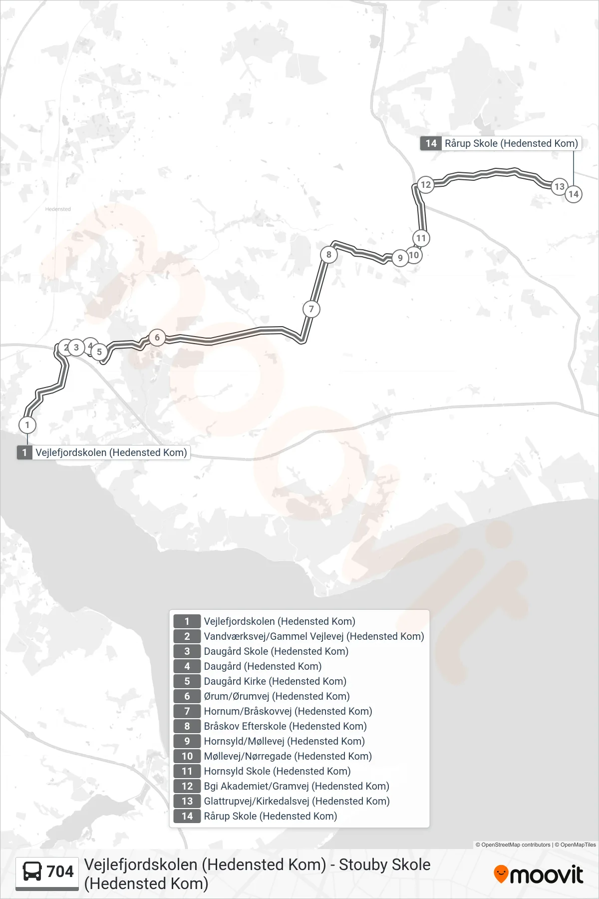 704 bus Linje (Rårup Skole) rute og stop på et kort