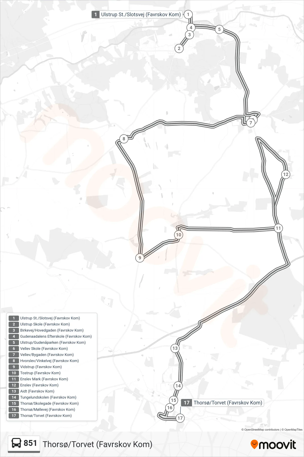 851 bus Linje (Thorsø/Torvet (Favrskov Kom)) rute og stop på et kort