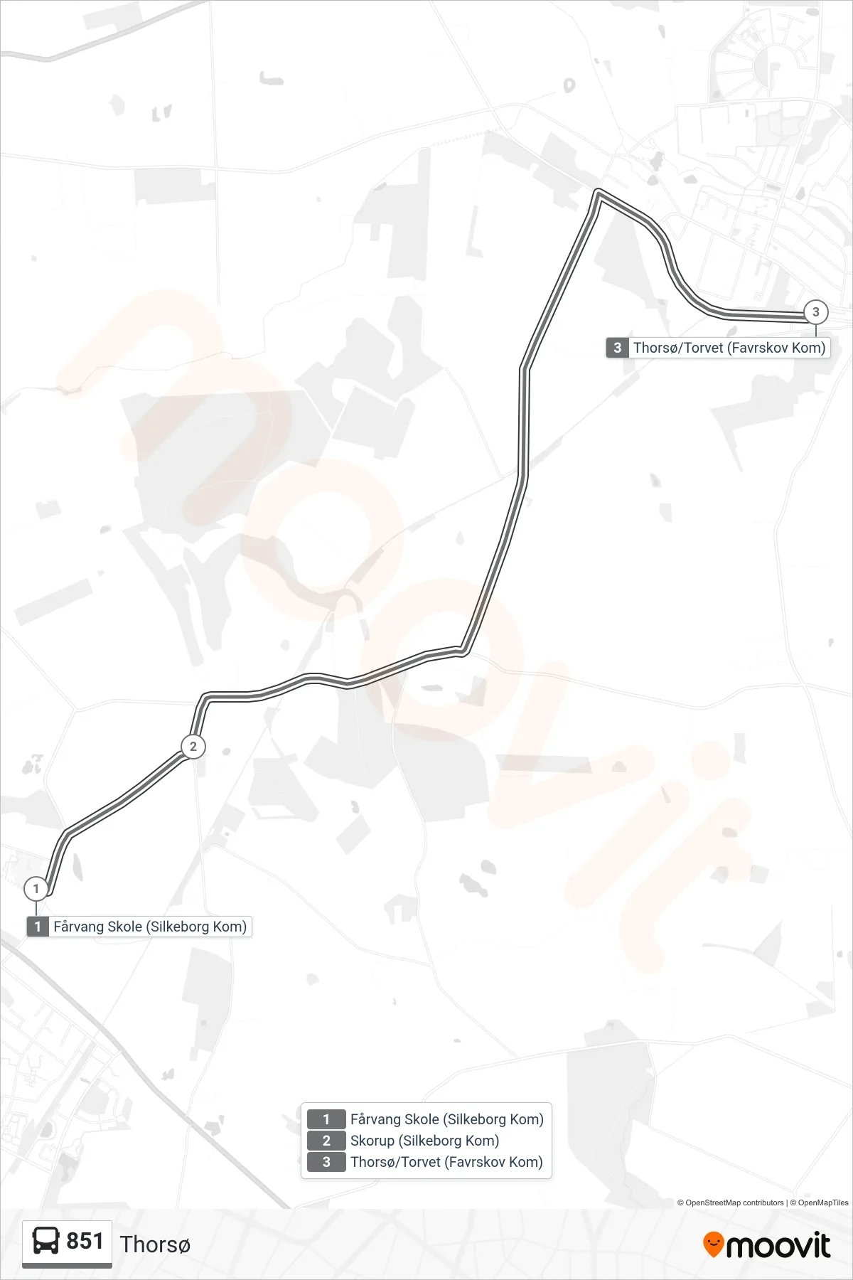 851 bus Linje (Thorsø) rute og stop på et kort