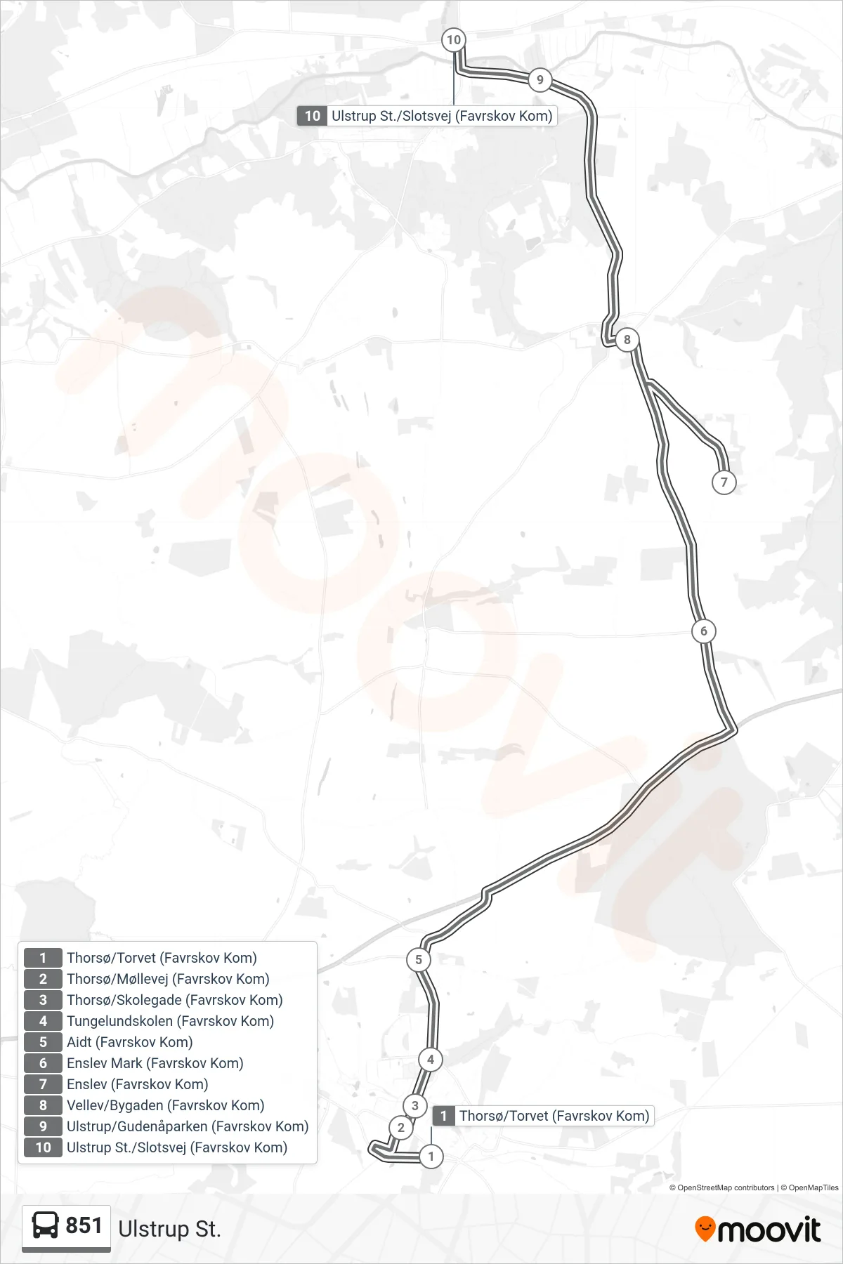 851 bus Linje (Ulstrup St.) rute og stop på et kort