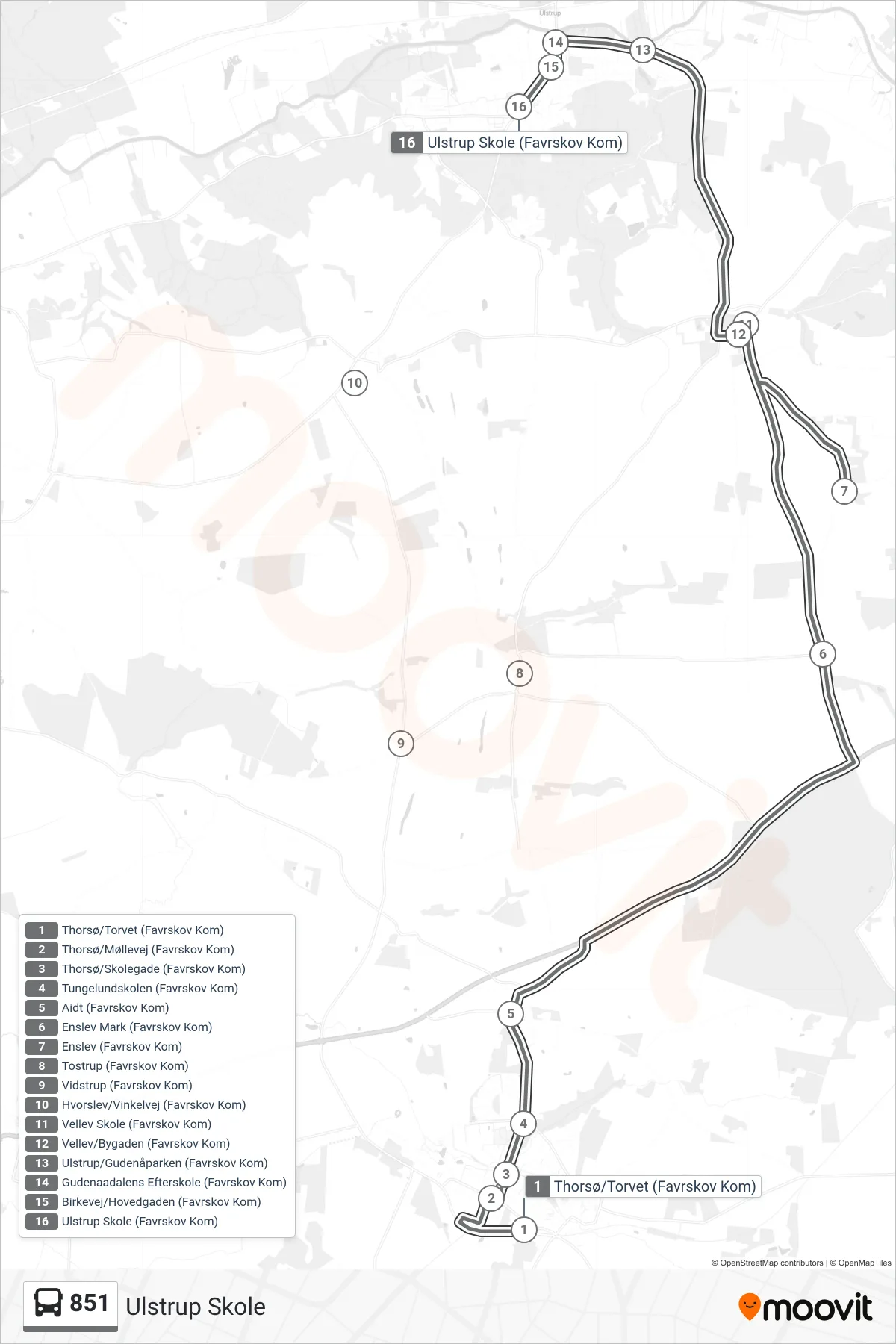 851 bus Linje (Ulstrup Skole) rute og stop på et kort