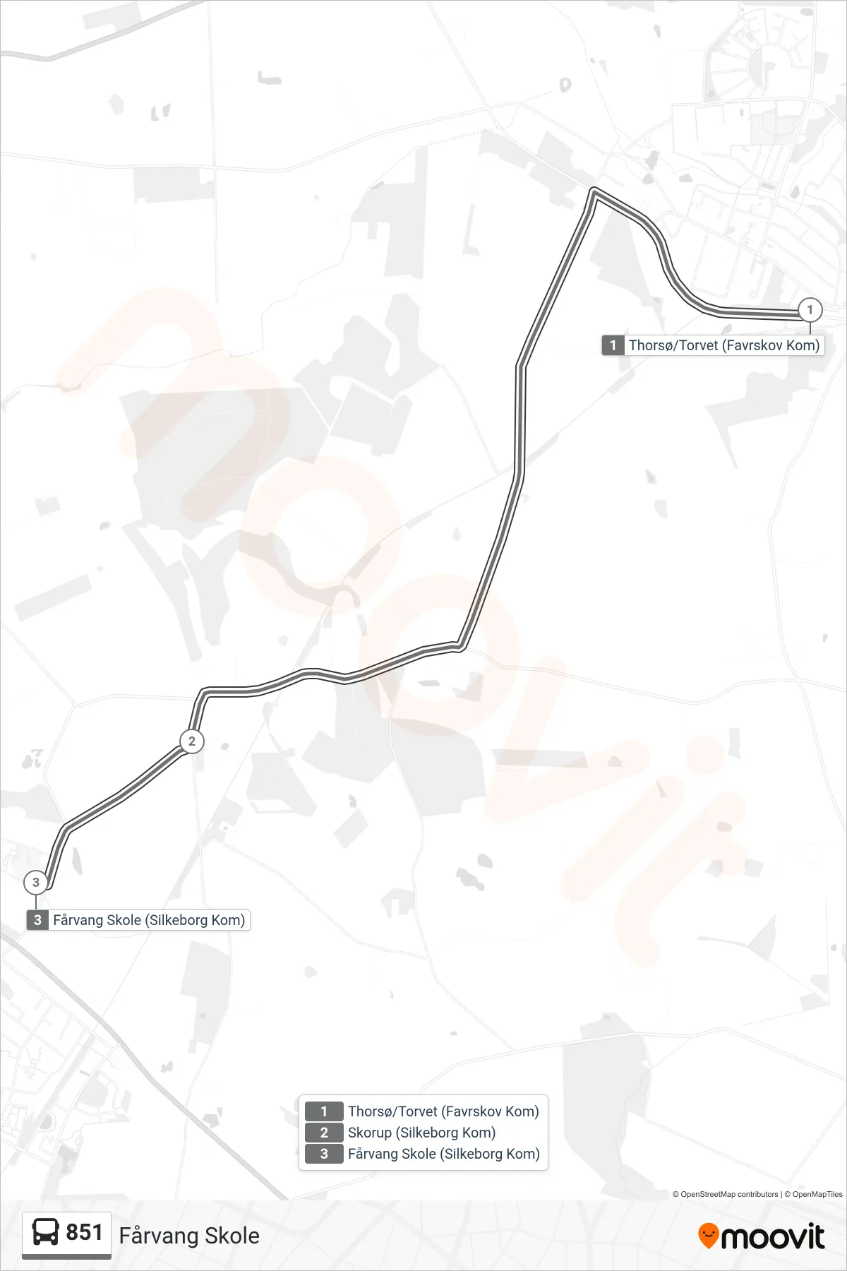 851 bus Linje (Fårvang Skole) rute og stop på et kort