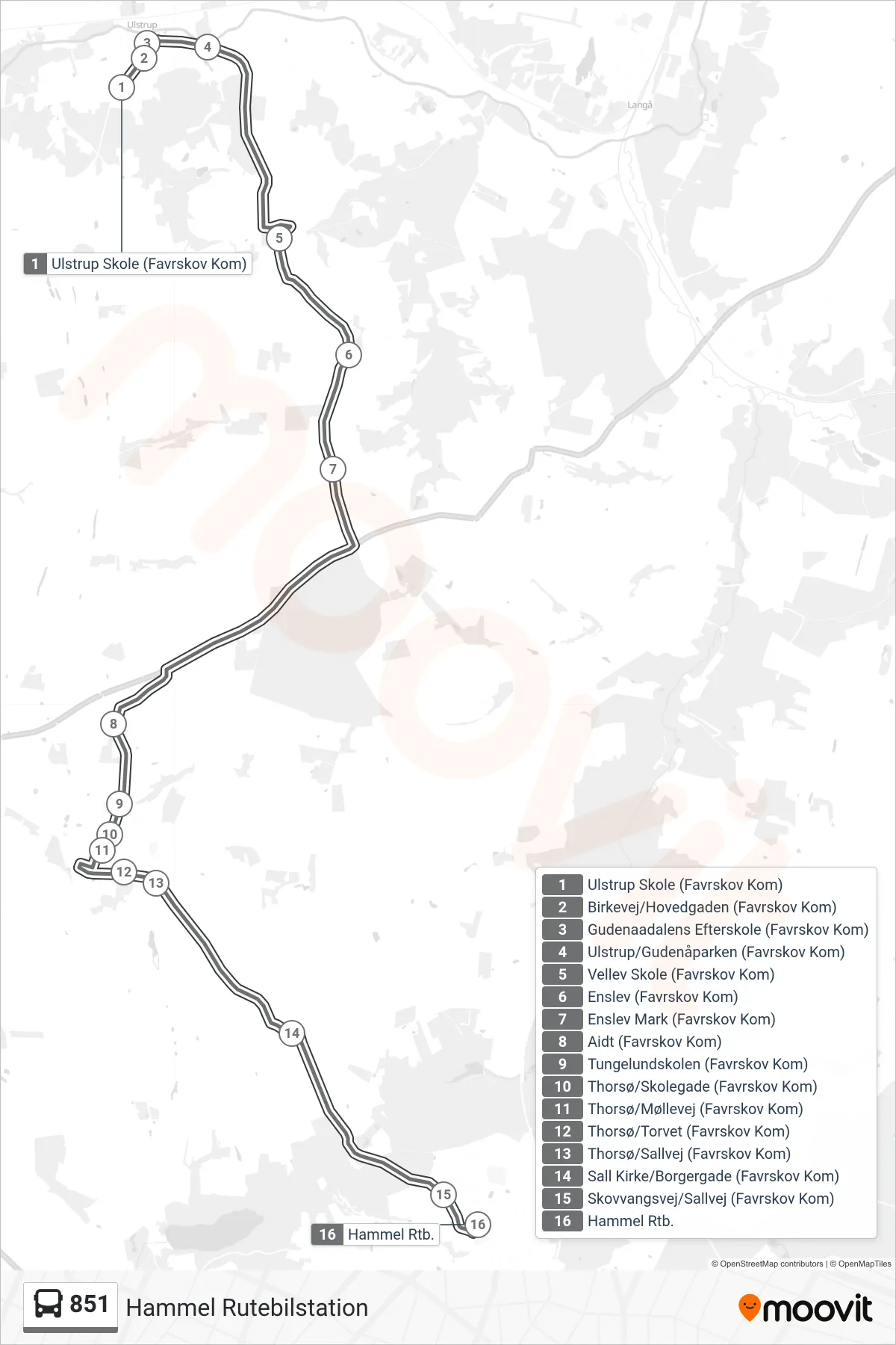 851 bus Linje (Hammel Rutebilstation) rute og stop på et kort