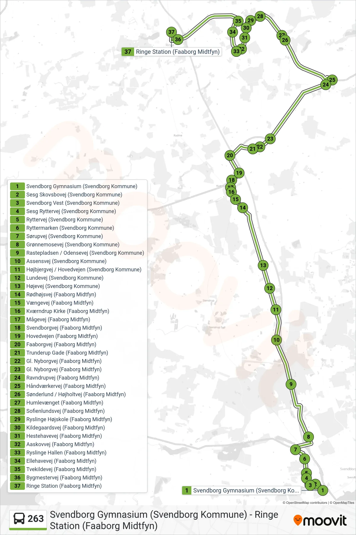 263 bus Linje (Ringe) rute og stop på et kort