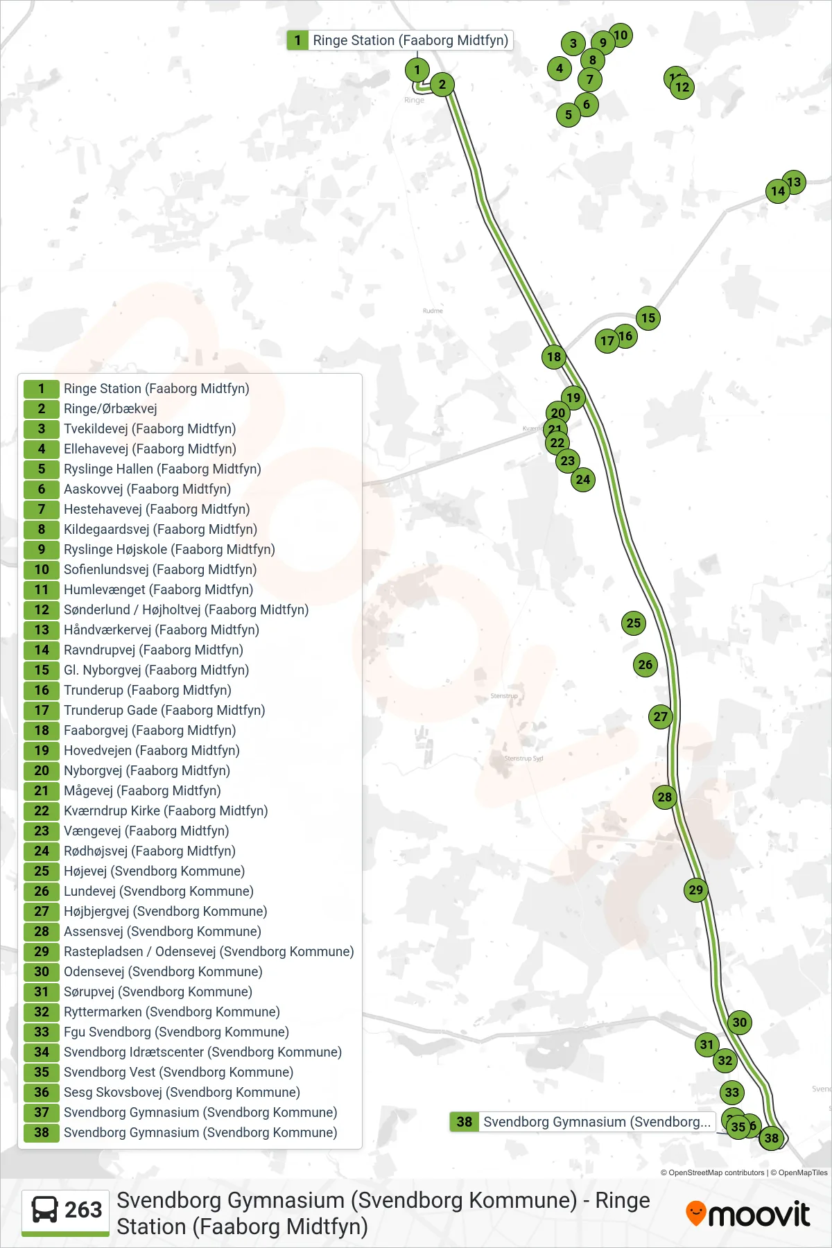263 bus Line (Svendborg Vest) route and stops on a map
