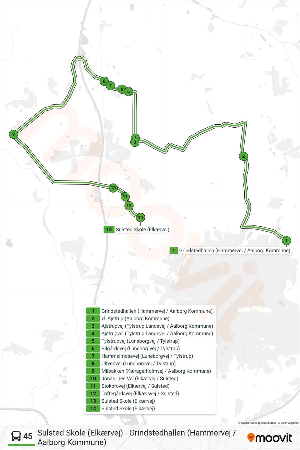 45 bus Linje (Sulsted Skole (Elkærvej)) rute og stop på et kort