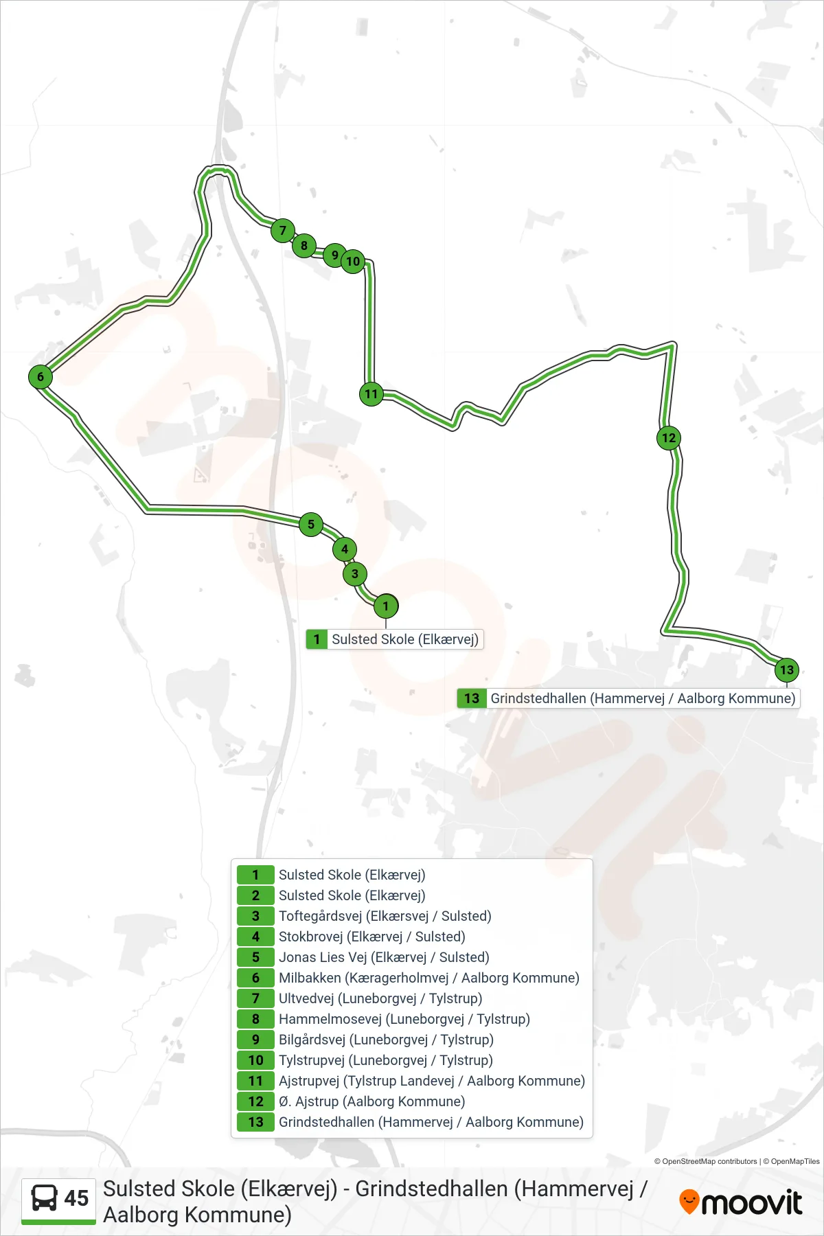 45 bus Linje (Grindstedhallen (Hammervej / Aalborg Kommune)) rute og stop på et kort