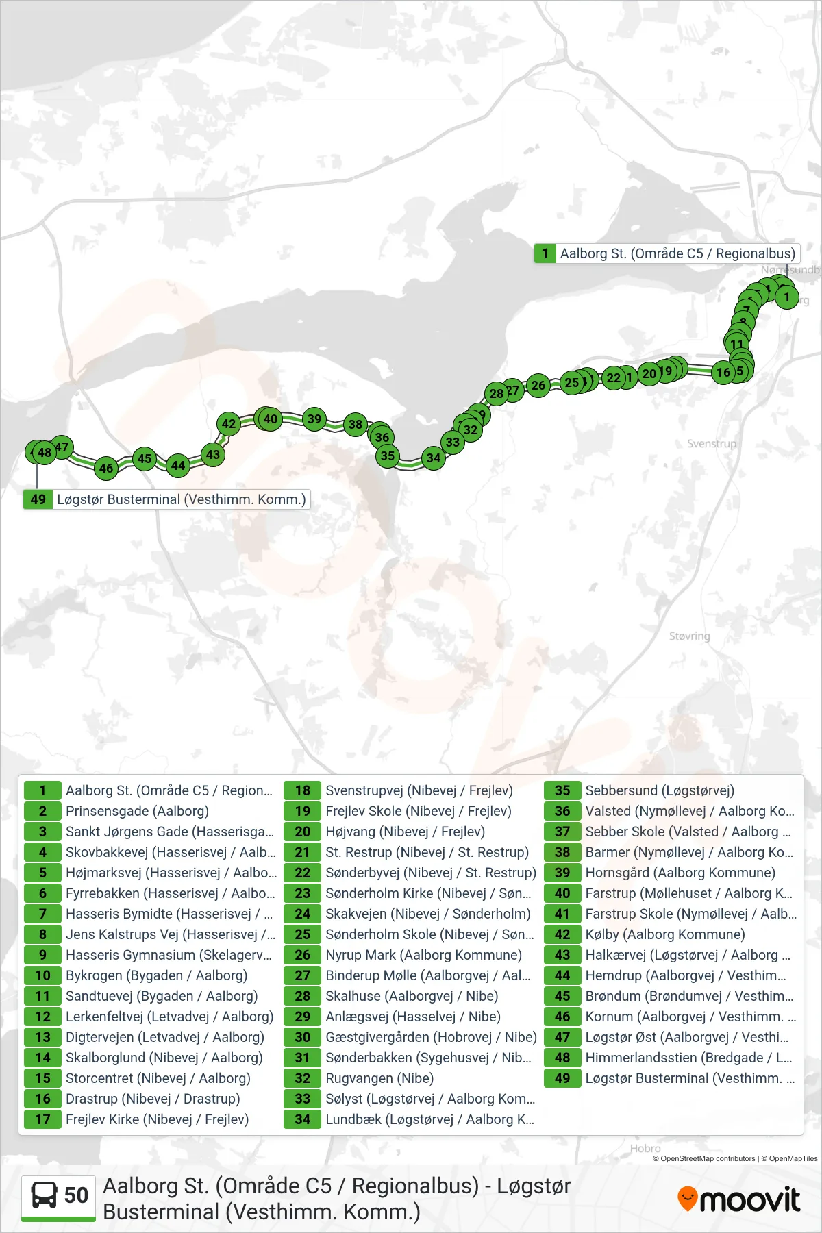 50 bus Linje (Løgstør) rute og stop på et kort