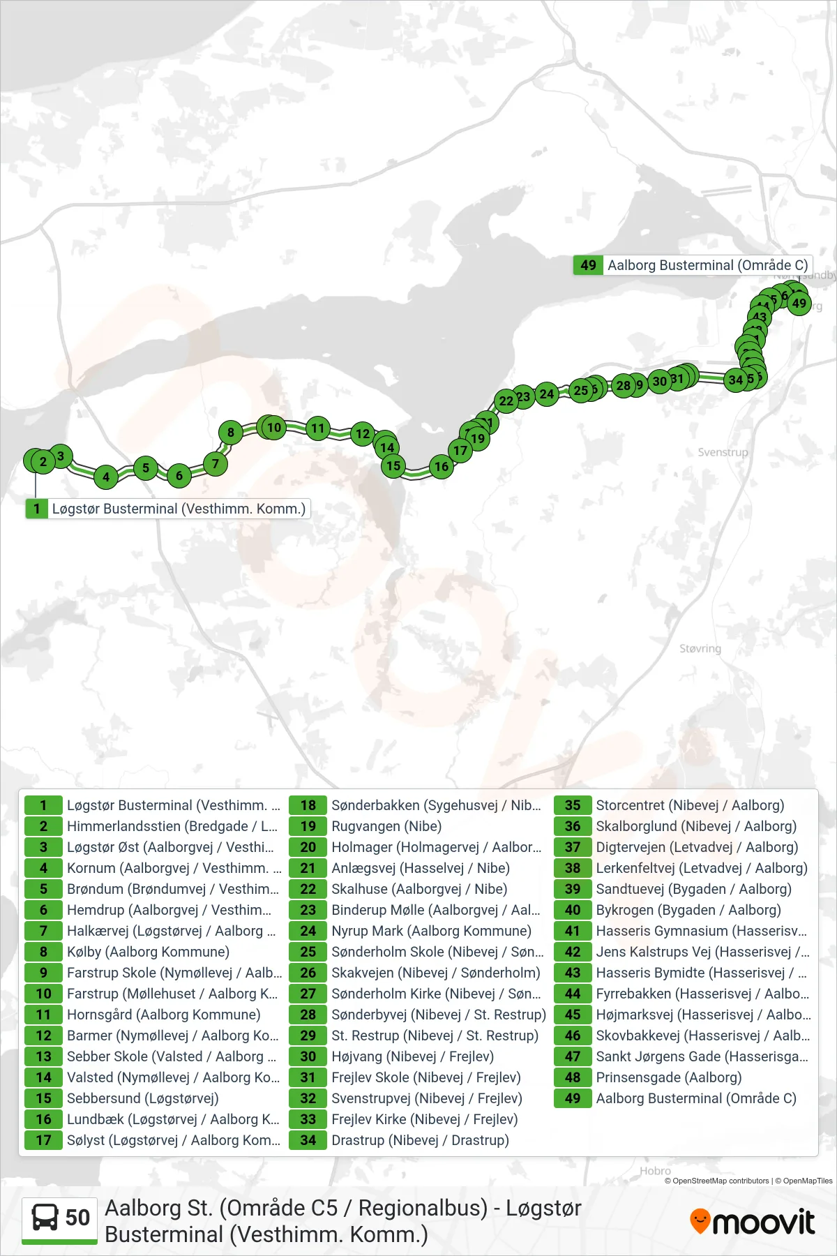 50 bus Linje (Aalborg St.) rute og stop på et kort