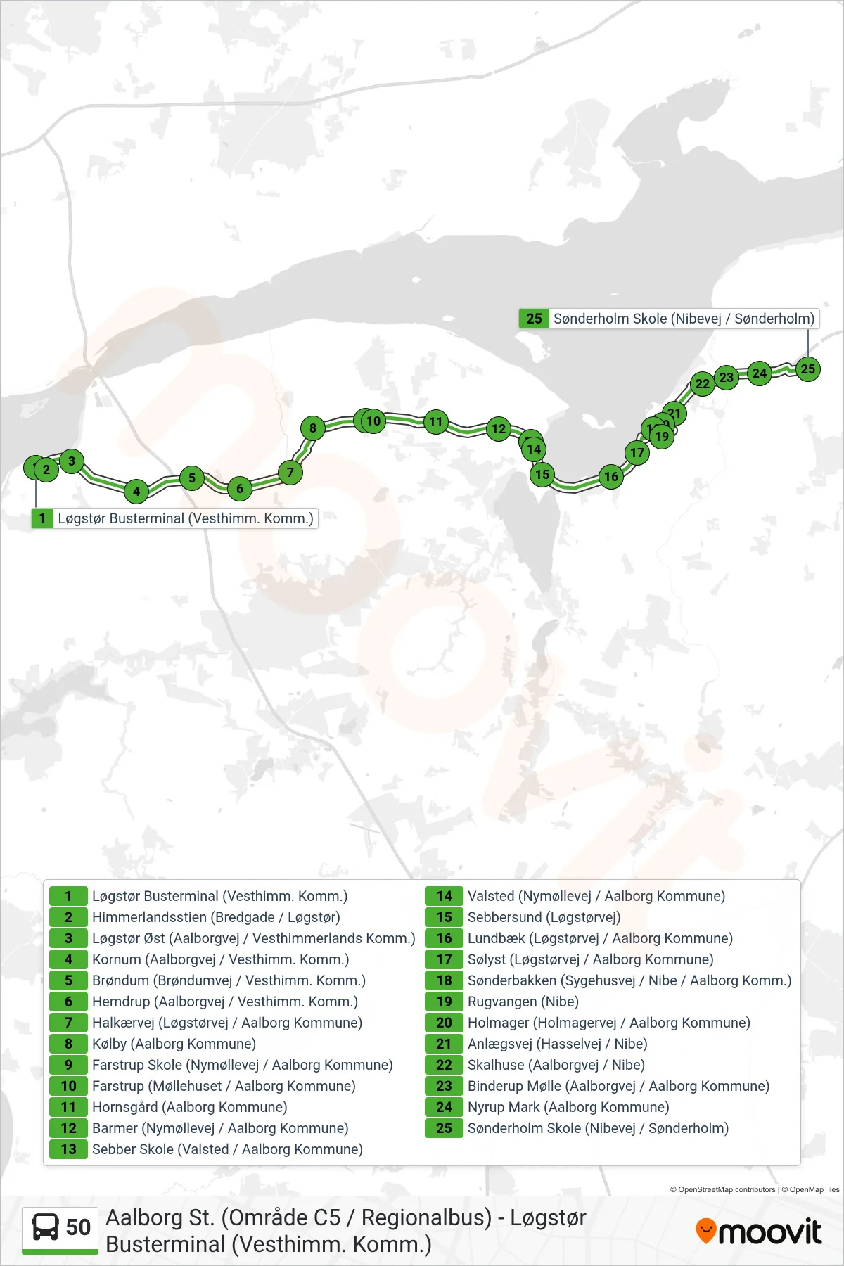 50 bus Linje (Sønderholm) rute og stop på et kort