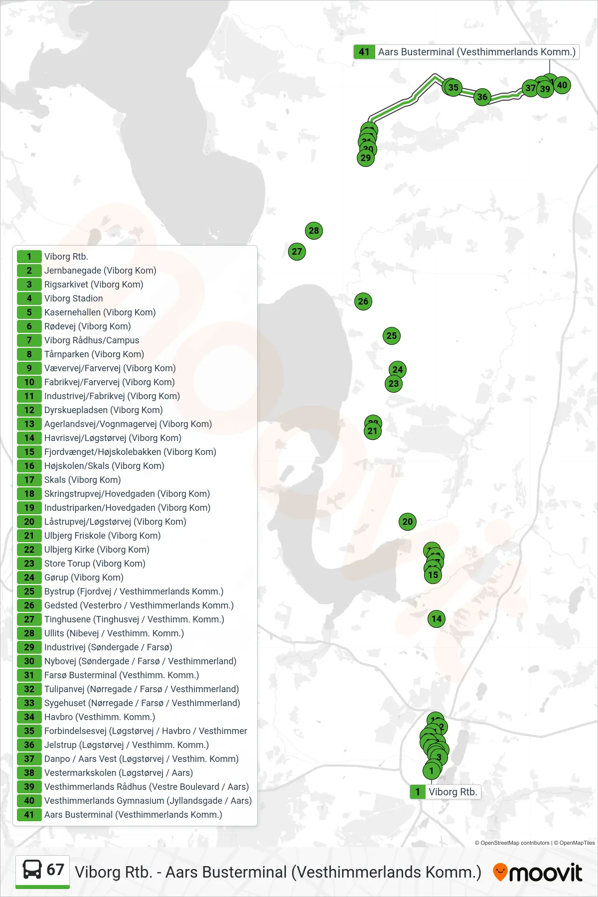 67 bus Linje (Aars) rute og stop på et kort