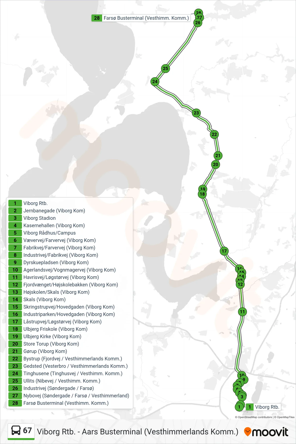 67 bus Linje (Farsø) rute og stop på et kort
