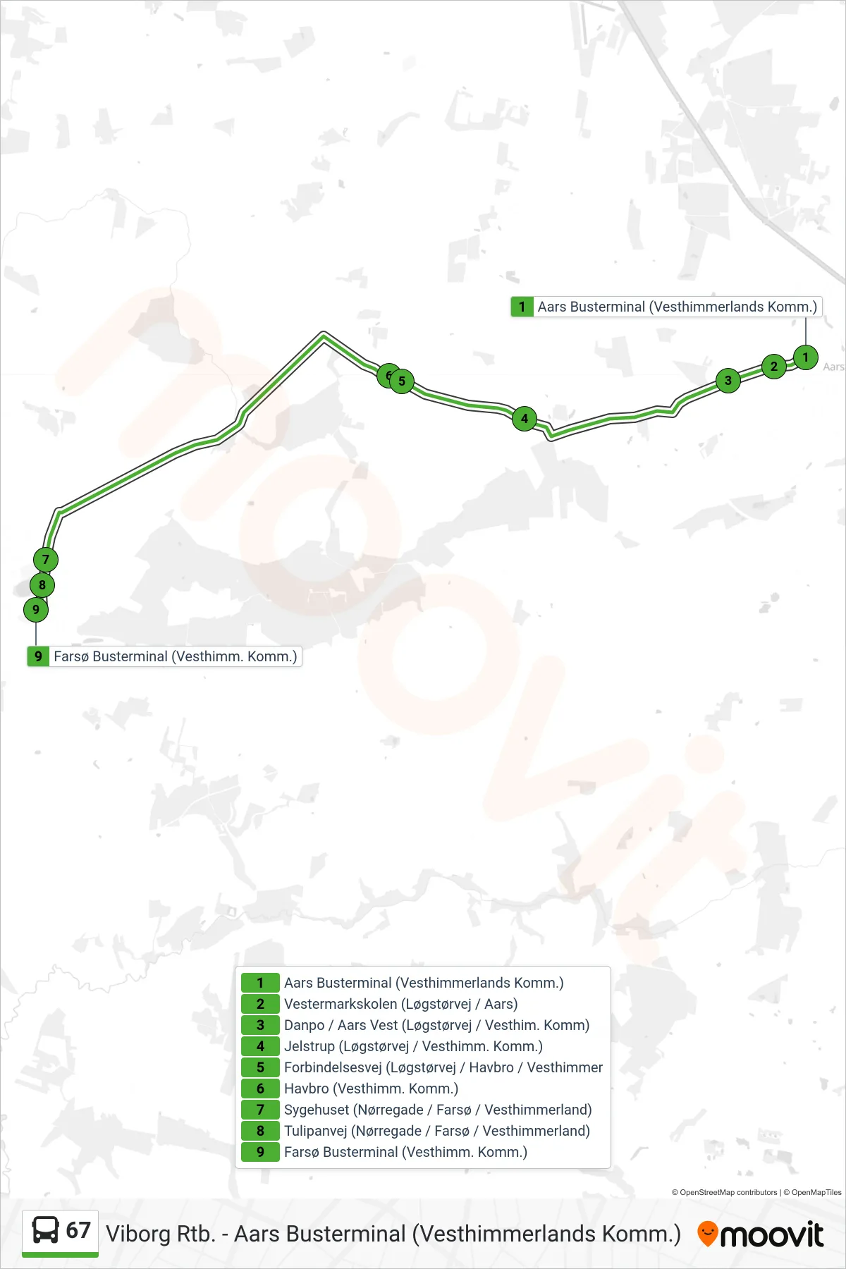 67 bus Line (Farsø) route and stops on a map