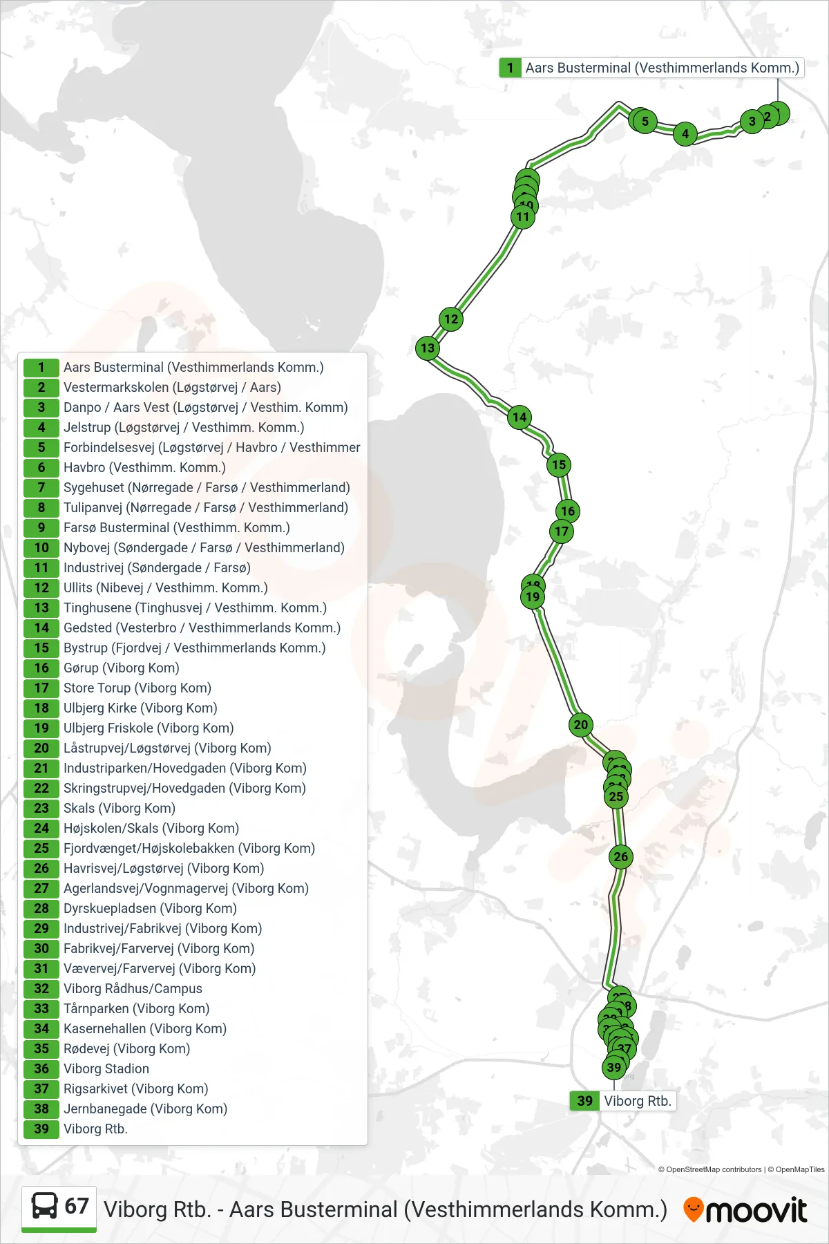 67 bus Linje (Viborg) rute og stop på et kort