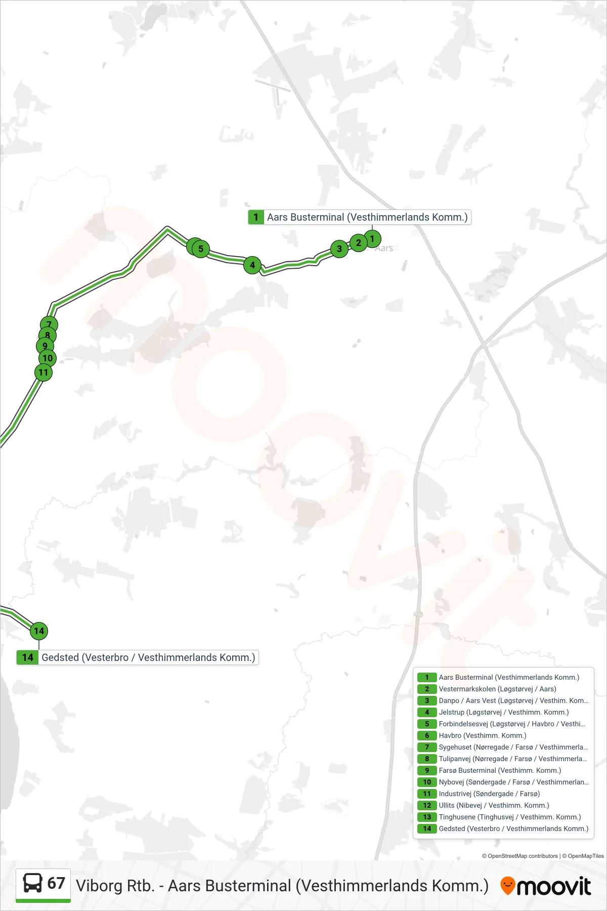 67 bus Linje (Gedsted) rute og stop på et kort
